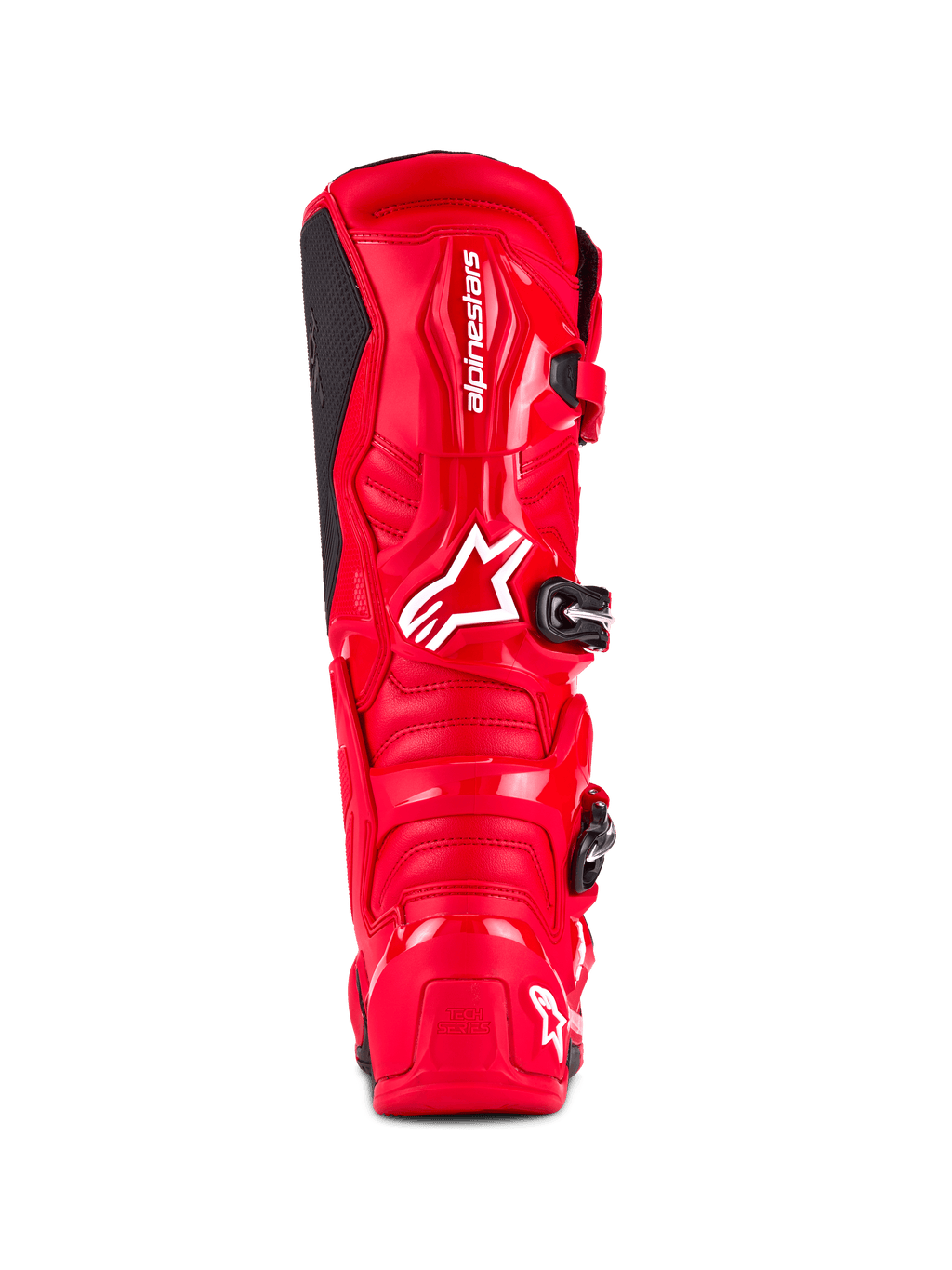 Bottes Alpinestars Tech 7, bottes de motocross, rouge vif, vue arrière avec coque en TPU haute résistance, marquage Alpinestars blanc sur le mollet et logo « Tech Series » sur le talon, conçues pour la performance et la protection tout-terrain.