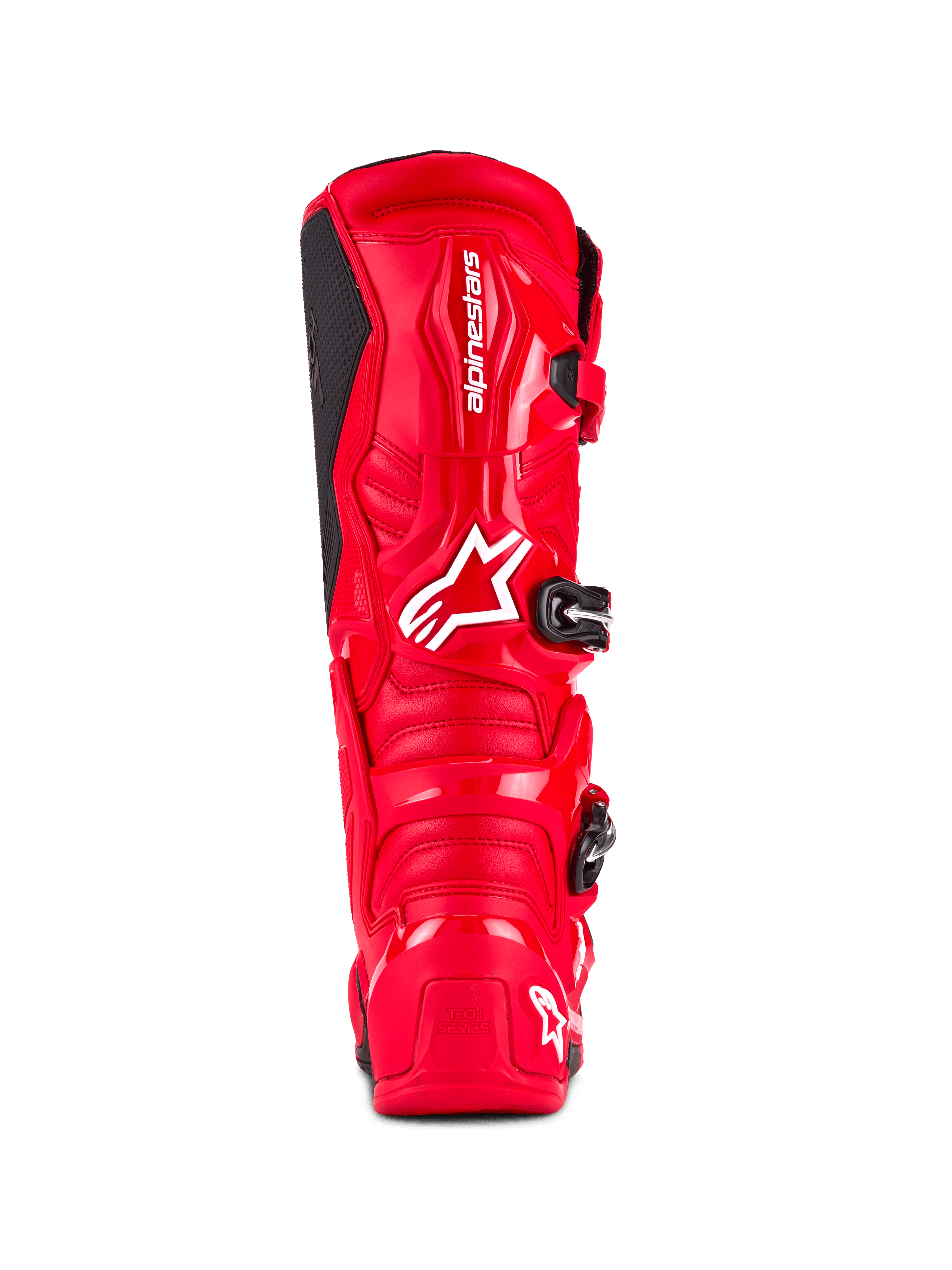 Bottes Alpinestars Tech 7, bottes de motocross, rouge vif, vue arrière avec coque en TPU haute résistance, marquage Alpinestars blanc sur le mollet et logo « Tech Series » sur le talon, conçues pour la performance et la protection tout-terrain.