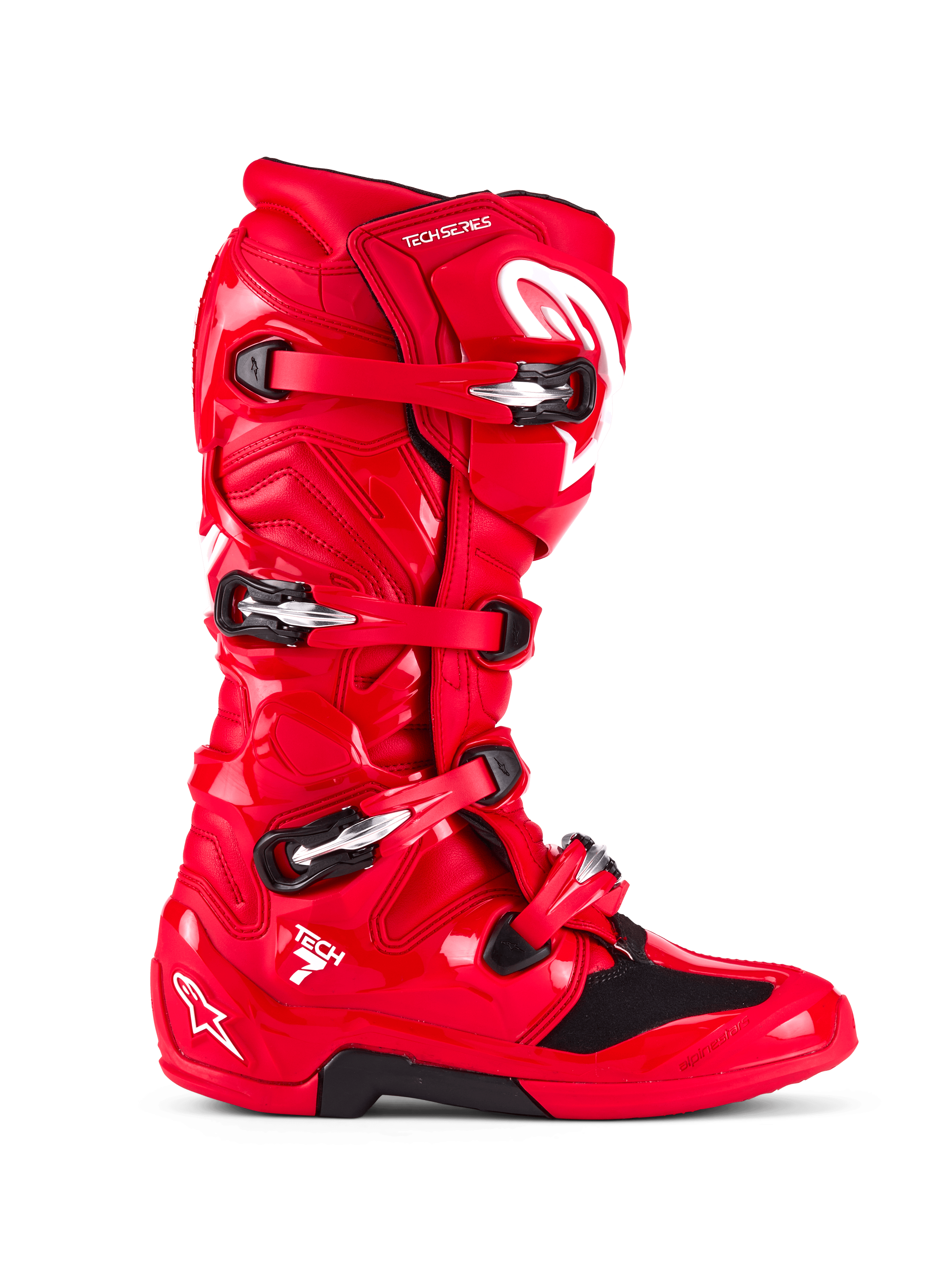 Alpinestars Tech 7 Boots, Motocross Boots, Bright Red, side profile view, featuring a four-buckle closure system, TPU protective shell, white Alpinestars logo and "Tech 7" branding, durable off-road racing footwear