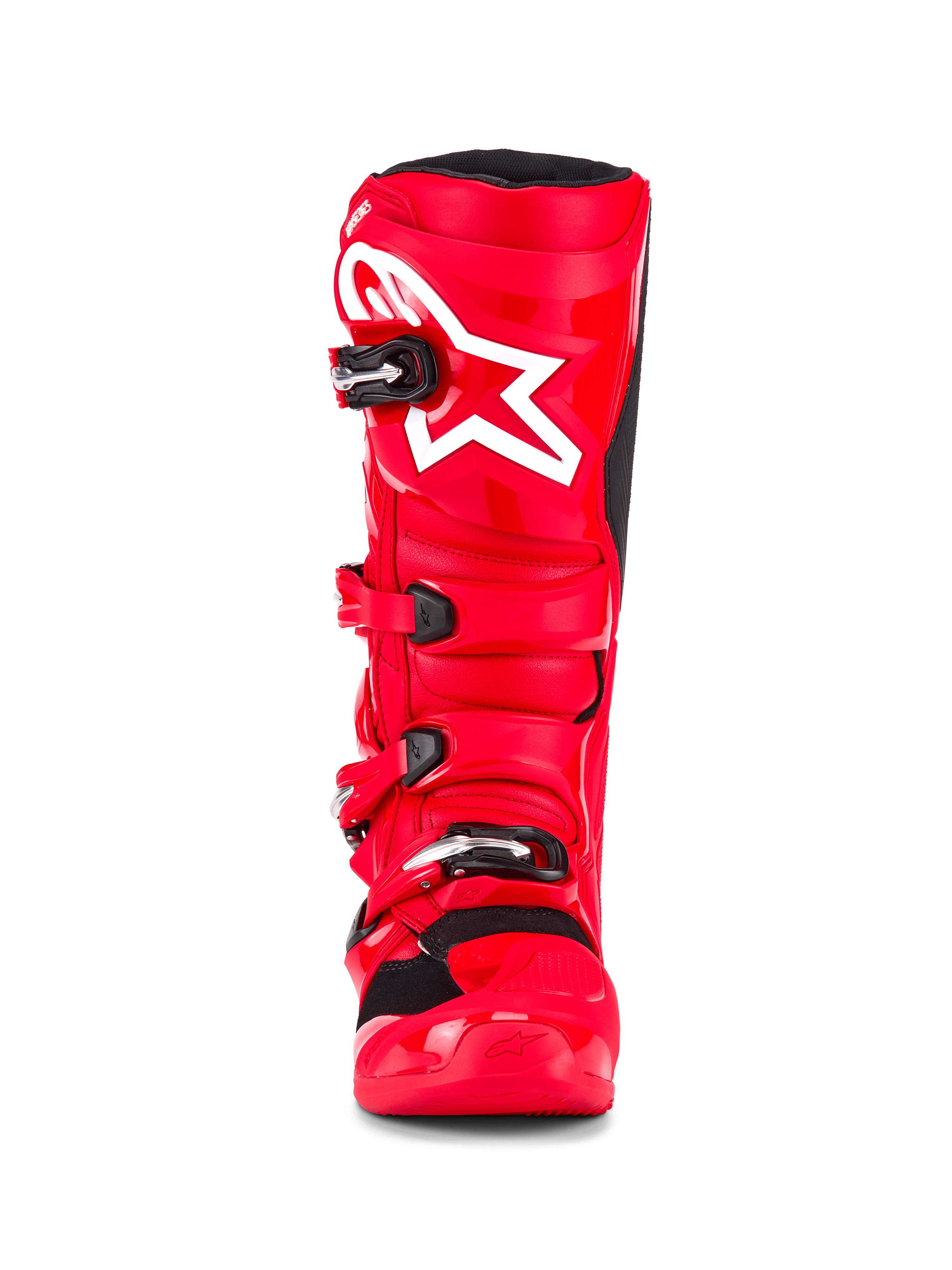 Bottes Alpinestars Tech 7, bottes de motocross, rouge éclatant, vue de face avec un logo étoile blanc sur le tibia, fermetures à boucles noires et coque de protection en TPU haute performance.