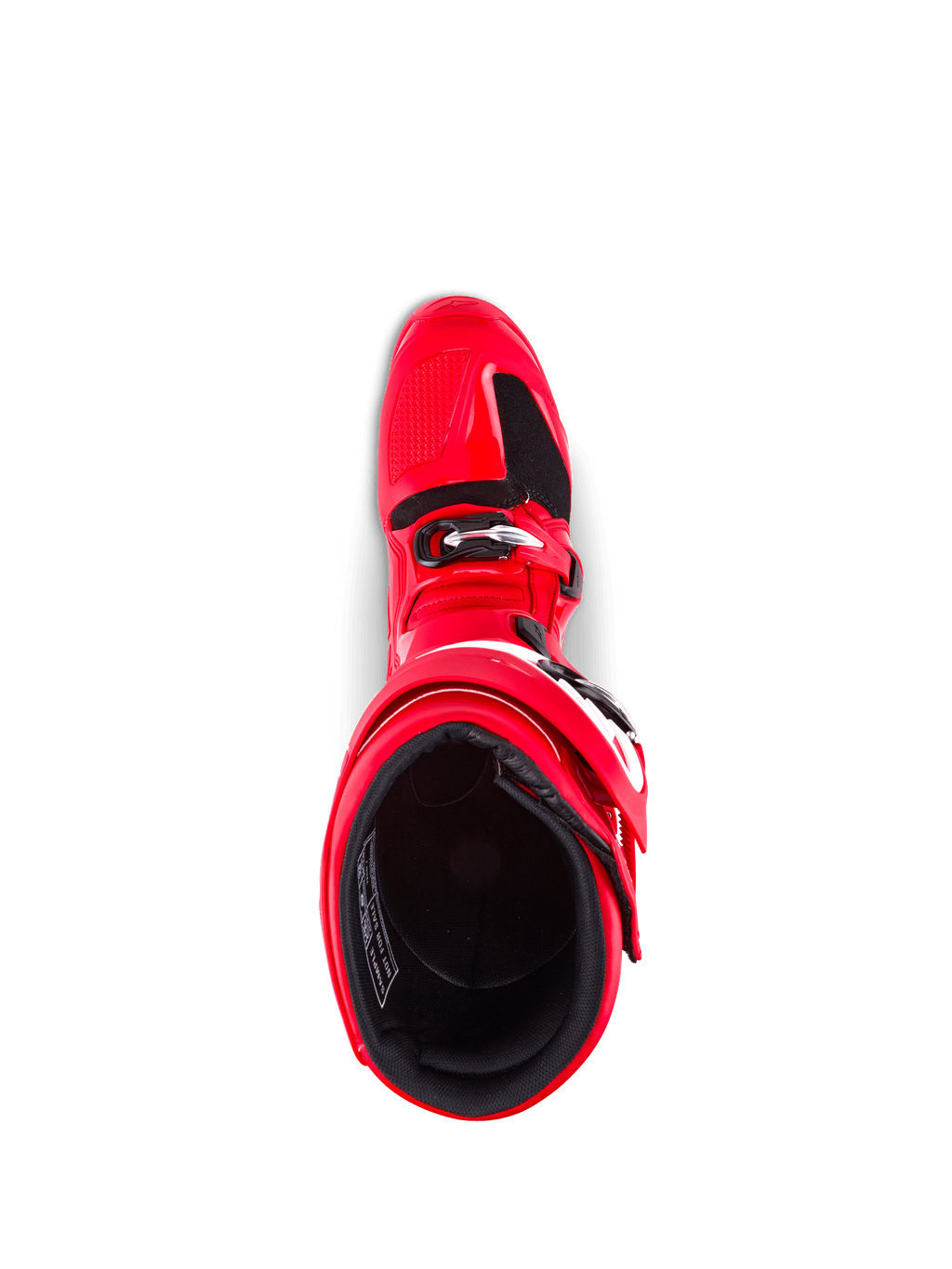 Bottes Alpinestars Tech 7, bottes de motocross, rouge vif, vue de dessus montrant la doublure intérieure et la fermeture par boucle, construction en TPU durable pour une protection tout-terrain
