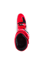 Bottes Alpinestars Tech 7, bottes de motocross, rouge vif, vue de dessus montrant la doublure intérieure et la fermeture par boucle, construction en TPU durable pour une protection tout-terrain