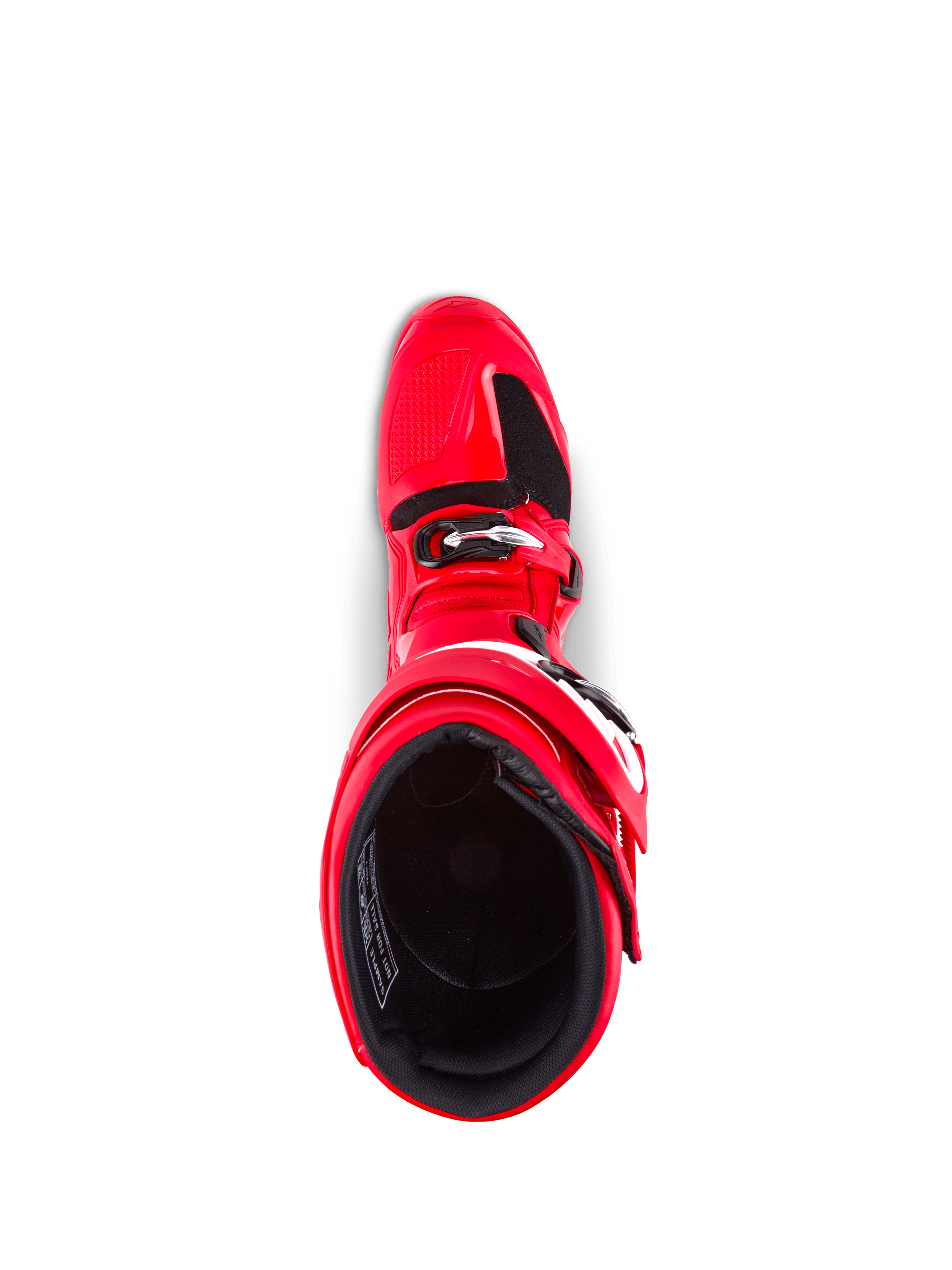 Bottes Alpinestars Tech 7, bottes de motocross, rouge vif, vue de dessus montrant la doublure intérieure et la fermeture par boucle, construction en TPU durable pour une protection tout-terrain