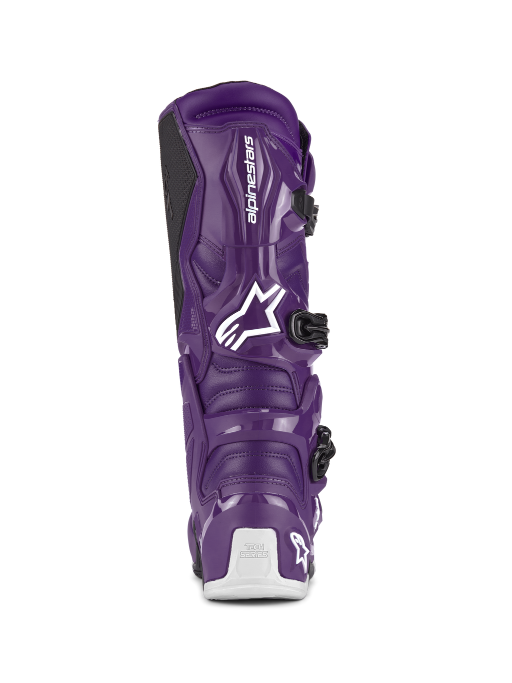 Bottes Alpinestars Tech 7, bottes de motocross, pourpre, vue arrière montrant le logo Alpinestars blanc et le marquage Tech Series sur le talon, fermetures à boucles noires, construction durable en TPU et synthétique pour la course tout-terrain