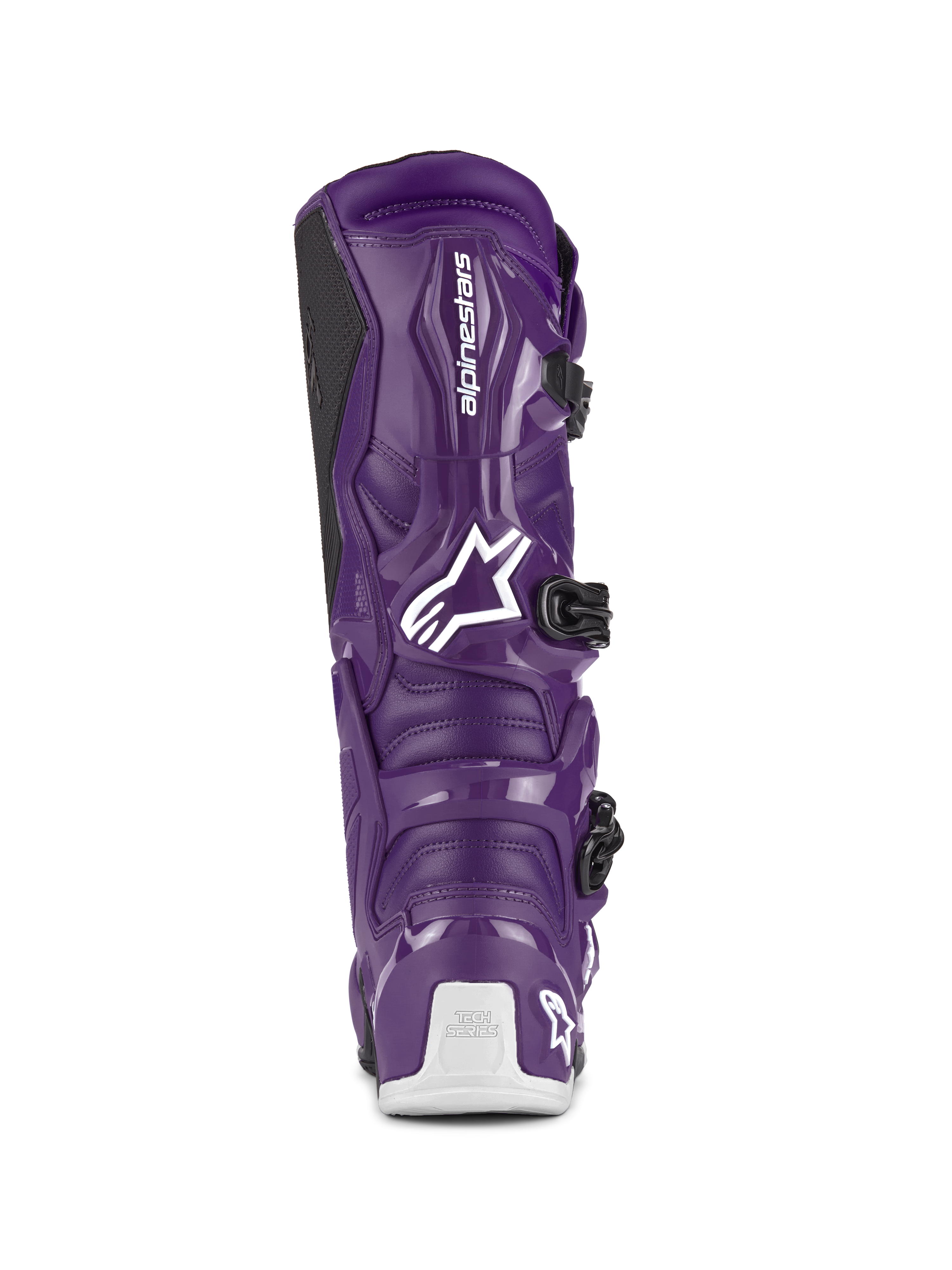 Bottes Alpinestars Tech 7, bottes de motocross, pourpre, vue arrière montrant le logo Alpinestars blanc et le marquage Tech Series sur le talon, fermetures à boucles noires, construction durable en TPU et synthétique pour la course tout-terrain