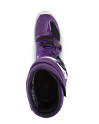 Bottes Alpinestars Tech 7, bottes de motocross, pourpre, vue de dessus de l'ouverture de la botte, avec boucles noires et accents blancs, construction synthétique durable pour la course tout-terrain