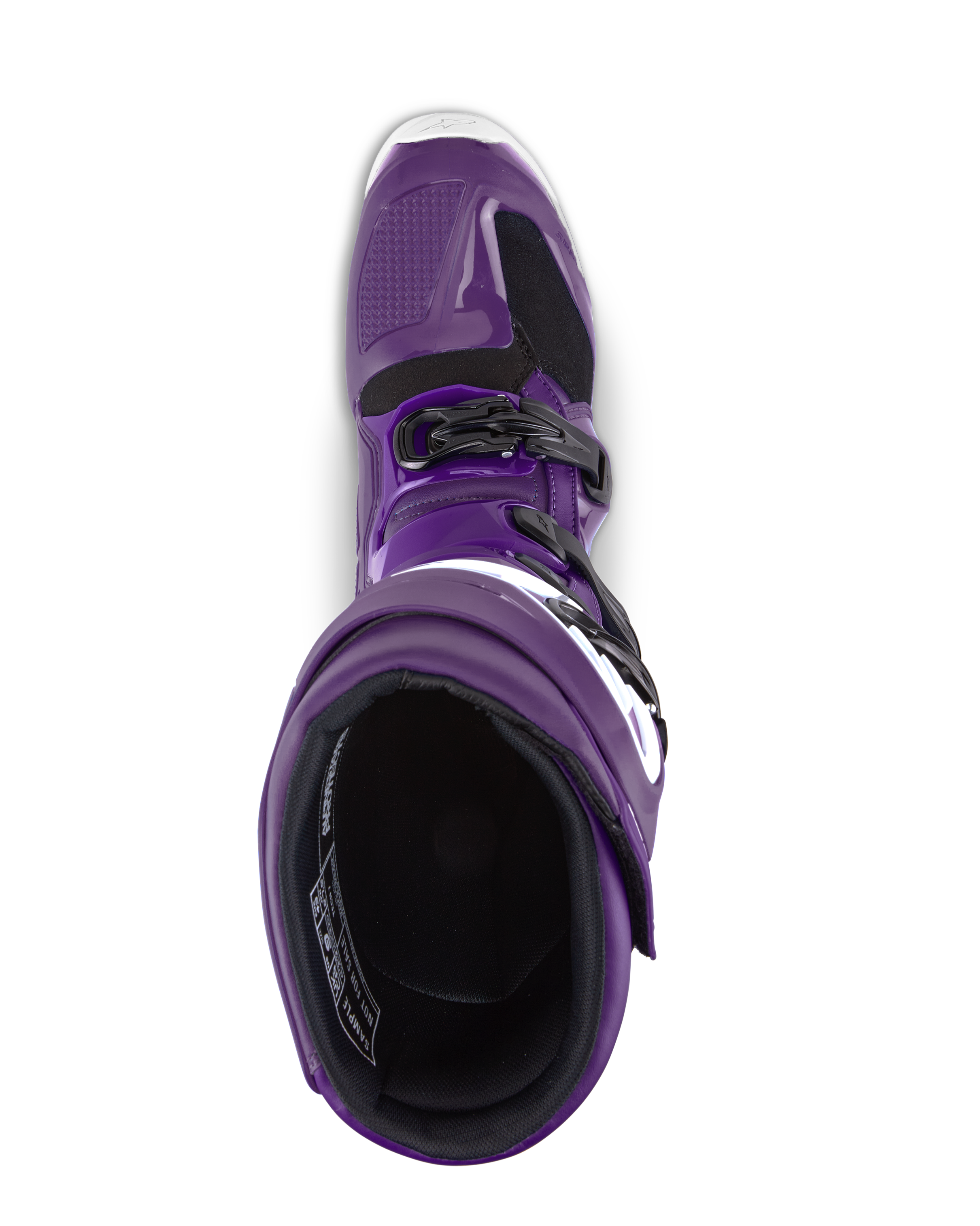 Bottes Alpinestars Tech 7, bottes de motocross, pourpre, vue de dessus de l'ouverture de la botte, avec boucles noires et accents blancs, construction synthétique durable pour la course tout-terrain