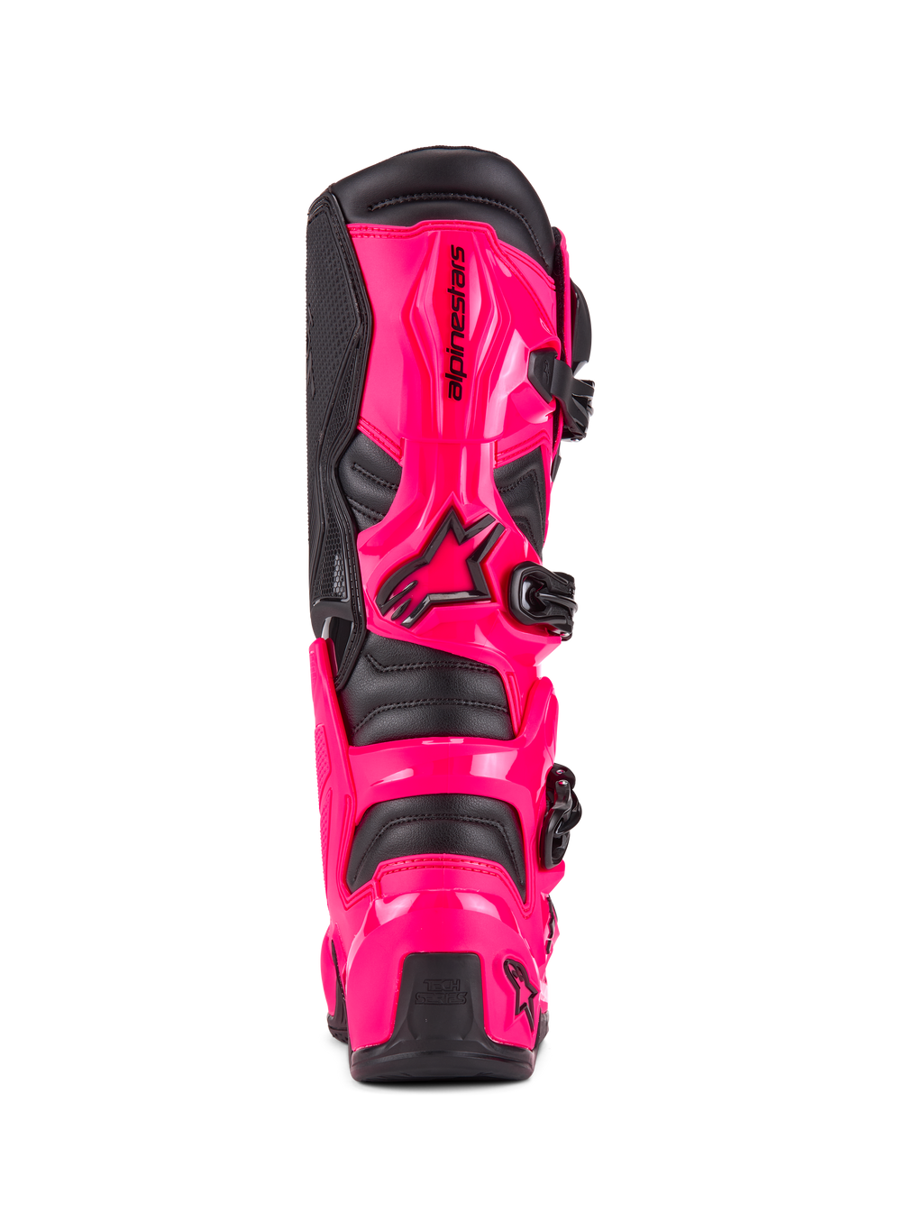 Alpinestars Tech 7 Boots, Motocross Boots, Diva Pink and Black, rear view showing high-impact TPU heel and calf protection, black buckle system, durable construction for off-road riding