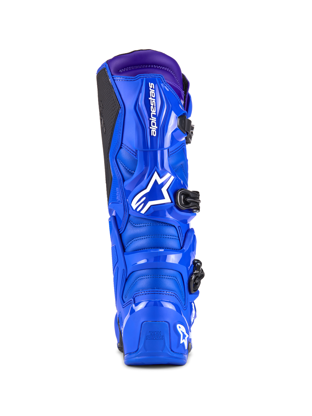 Alpinestars Tech 7 Boots, Motocross Boots, Blue with purple accents, rear view showing the TPU protection, white Alpinestars logo on the heel, and black side grip panel, high-performance off-road footwear