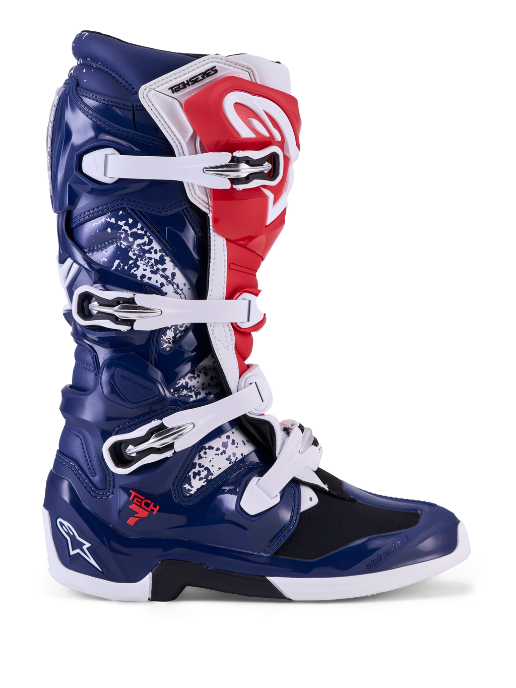 Alpinestars Tech 7 Unity, bottes de motocross pour homme, bleues, blanches et rouges, coque en TPU et fermeture à boucles.