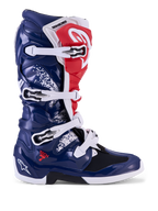 Alpinestars Tech 7 Unity, bottes de motocross pour homme, bleues, blanches et rouges, coque en TPU et fermeture à boucles.