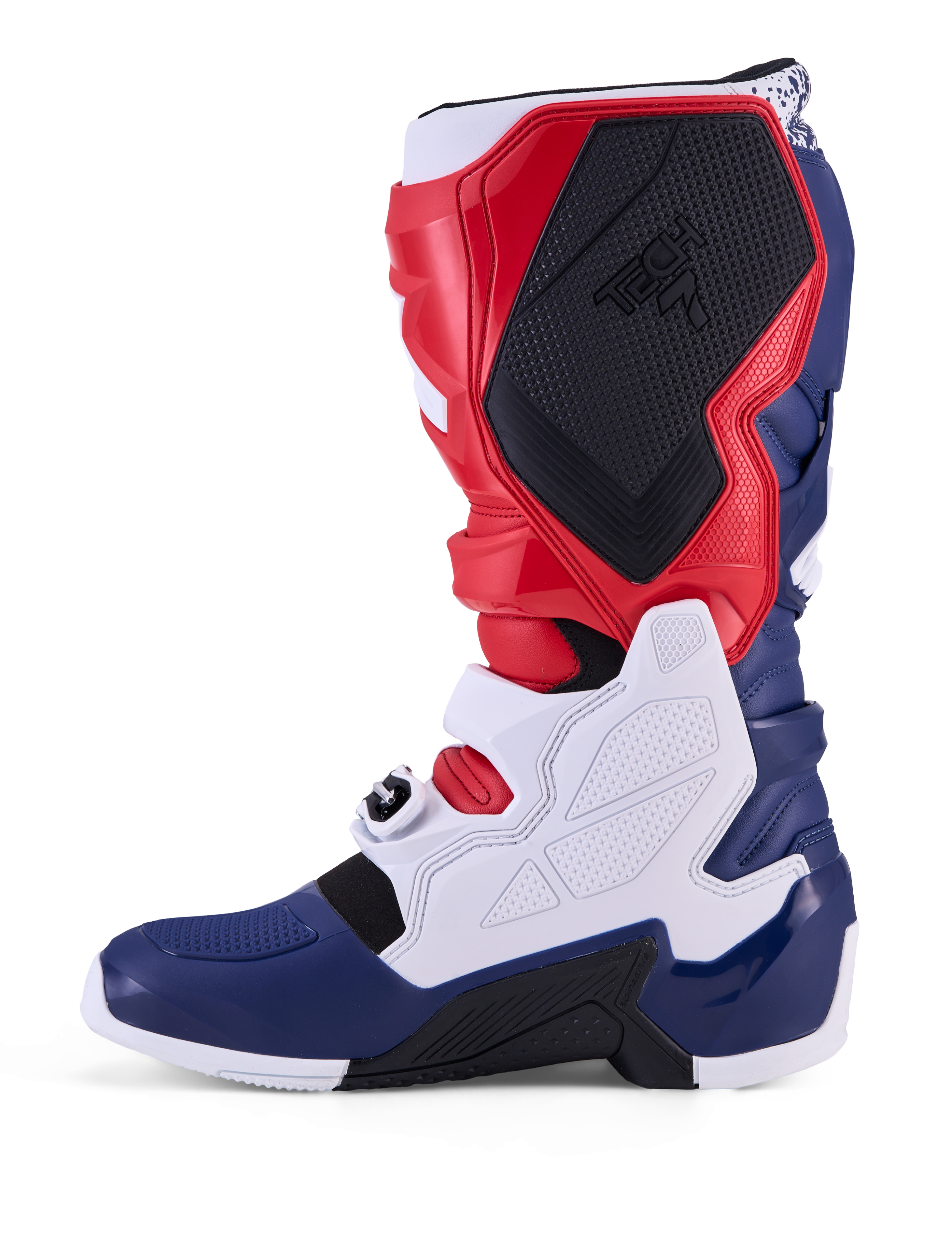 Alpinestars Tech 7 Unity, bottes de motocross édition limitée, rouges, blanches et bleues avec protections TPU et boucles.