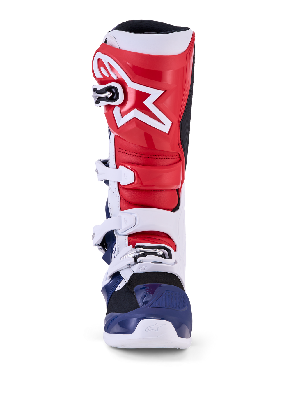 Alpinestars Tech 7 Unity édition limitée, bottes de motocross rouges, blanches et bleues avec construction en TPU.