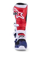 Alpinestars Tech 7 Unity édition limitée, bottes de motocross rouges, blanches et bleues avec construction en TPU.