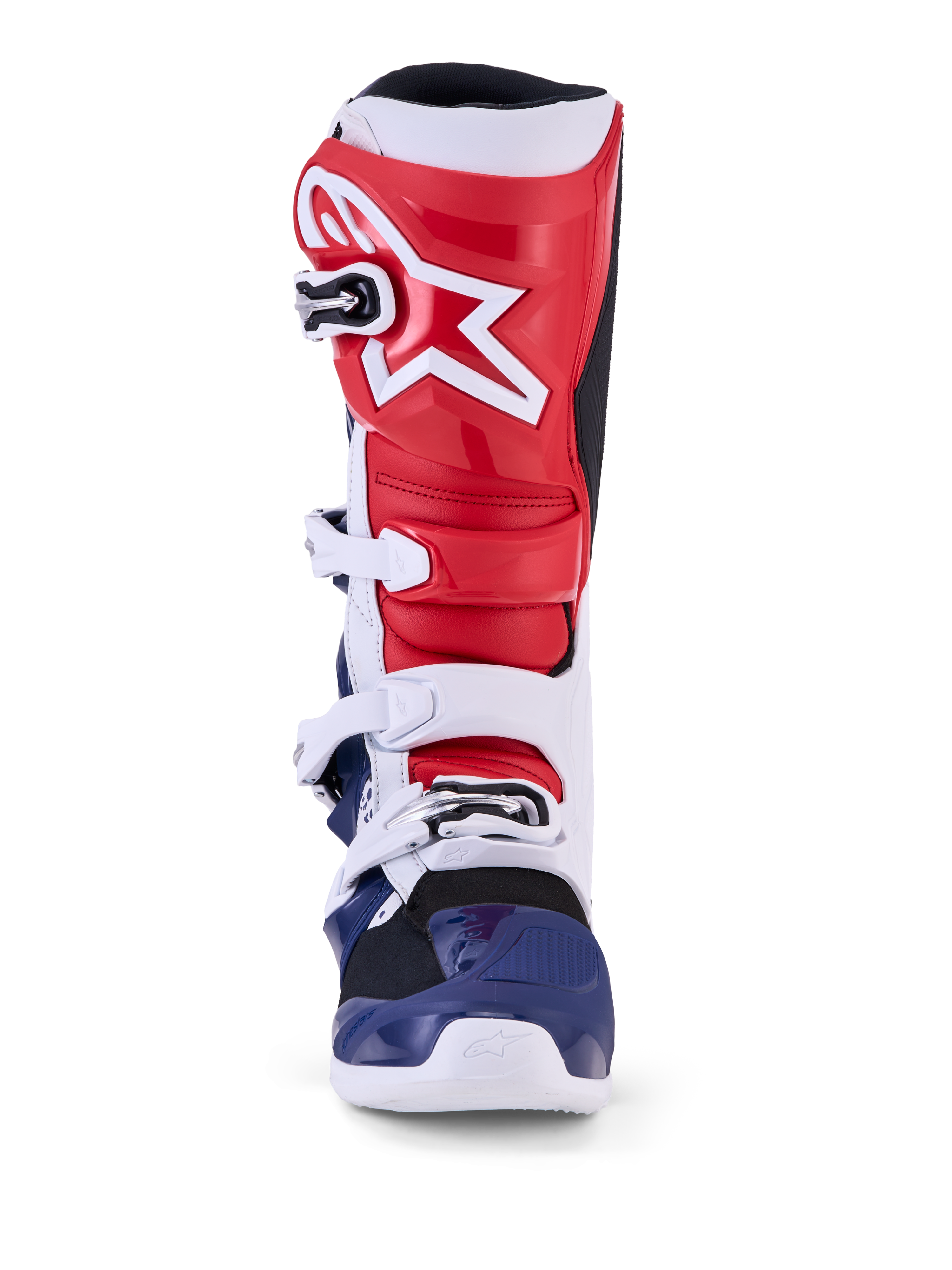Alpinestars Tech 7 Unity édition limitée, bottes de motocross rouges, blanches et bleues avec construction en TPU.