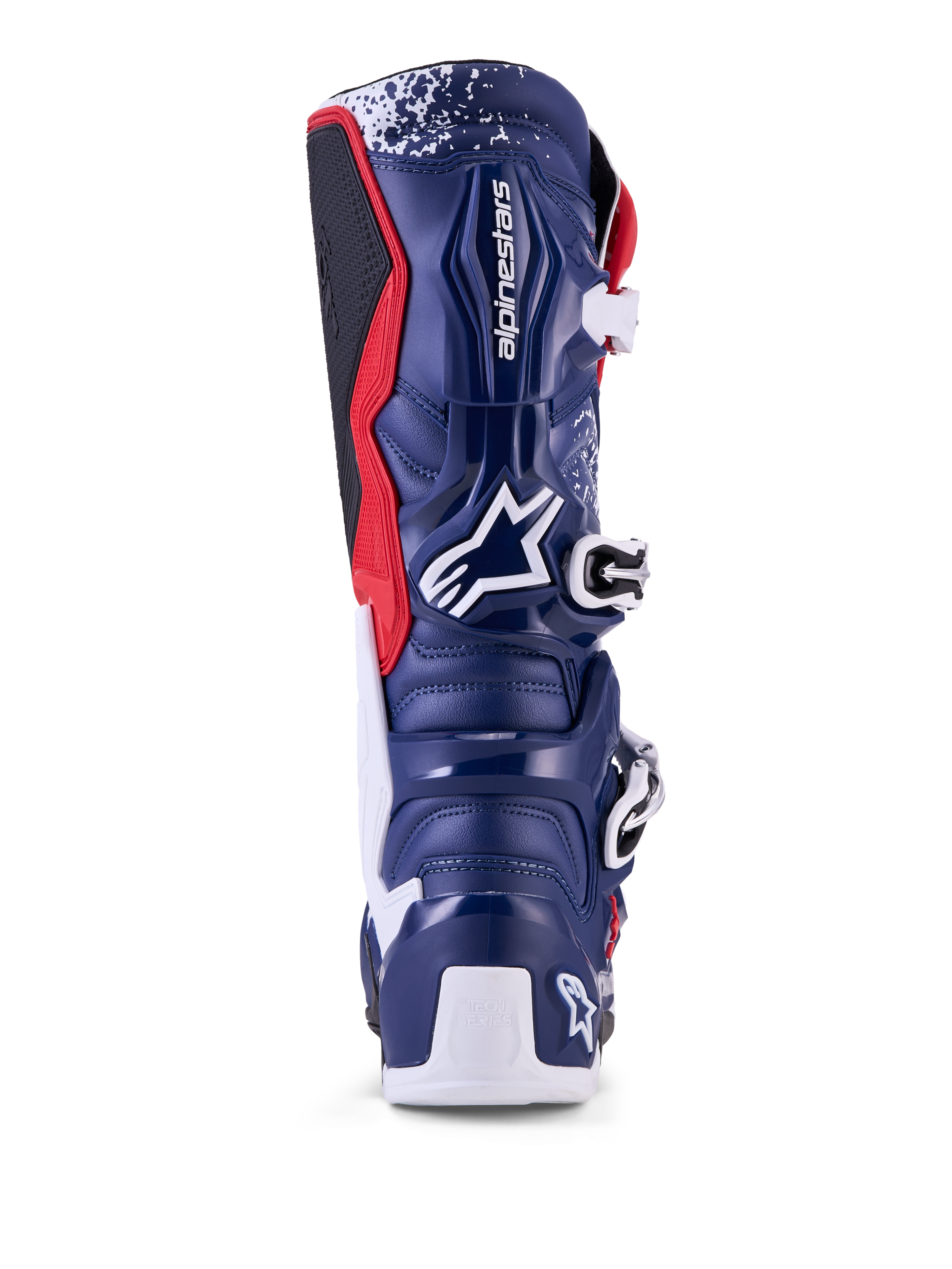 Alpinestars Tech 7 Unity, bottes de motocross bleues, blanches et rouges, édition limitée, vue arrière avec coque en TPU.