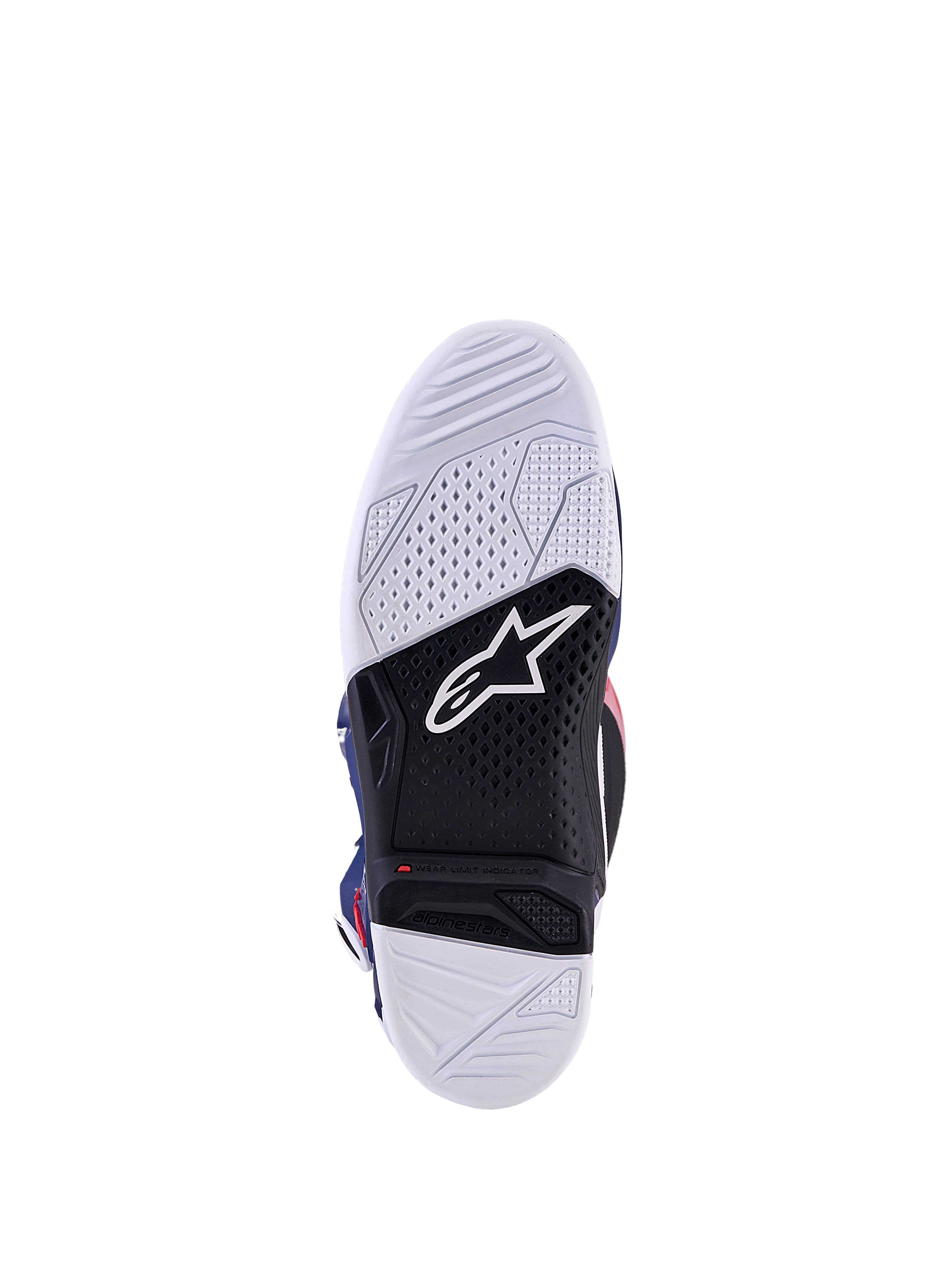 Alpinestars Tech 7 Unity édition limitée, semelle de bottes de motocross tout-terrain, blanche et noire, avec indicateur de limite d'usure et logo Astars
