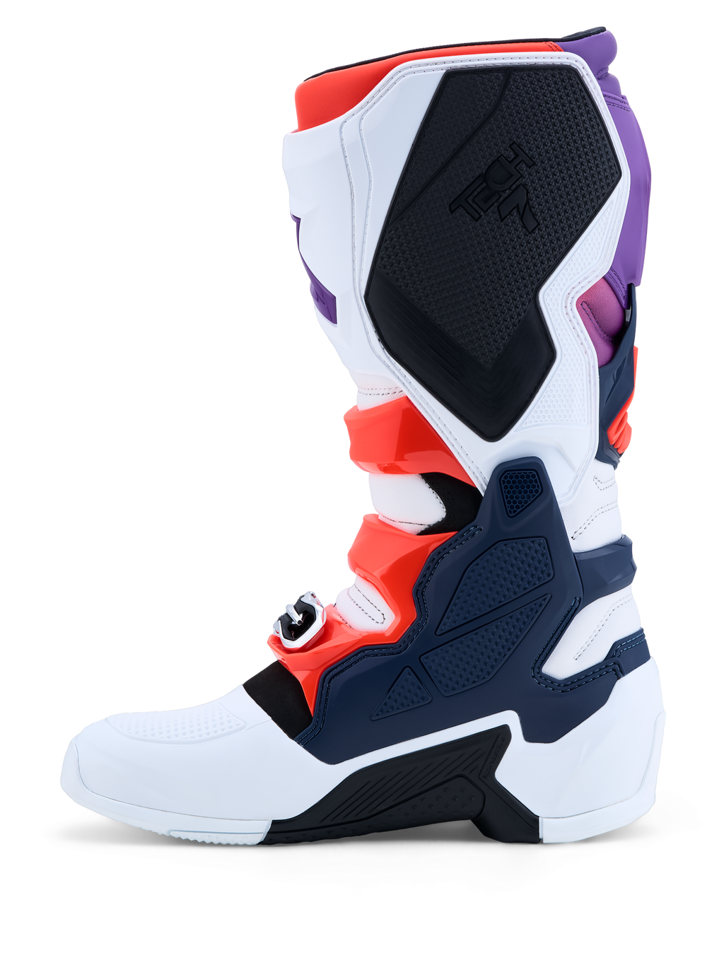 Alpinestars Tech 7 Men's Motocross Boots, Purple, White, and Dark Blue, with Red Fluo accents and protective TPU plates.