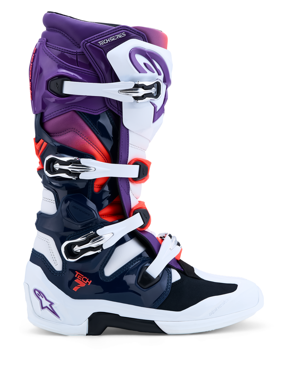 Alpinestars Tech 7, bottes de motocross violettes, blanches et bleu foncé avec détails rouge fluo, certifiées CE.
