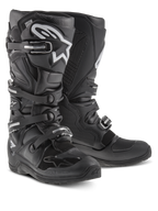 Alpinestars Tech 7 Enduro Boots, Motocross and Off-Road Boots, Black with white Alpinestars logo, featuring four adjustable buckles, TPU shin plate, and durable Enduro-specific sole.