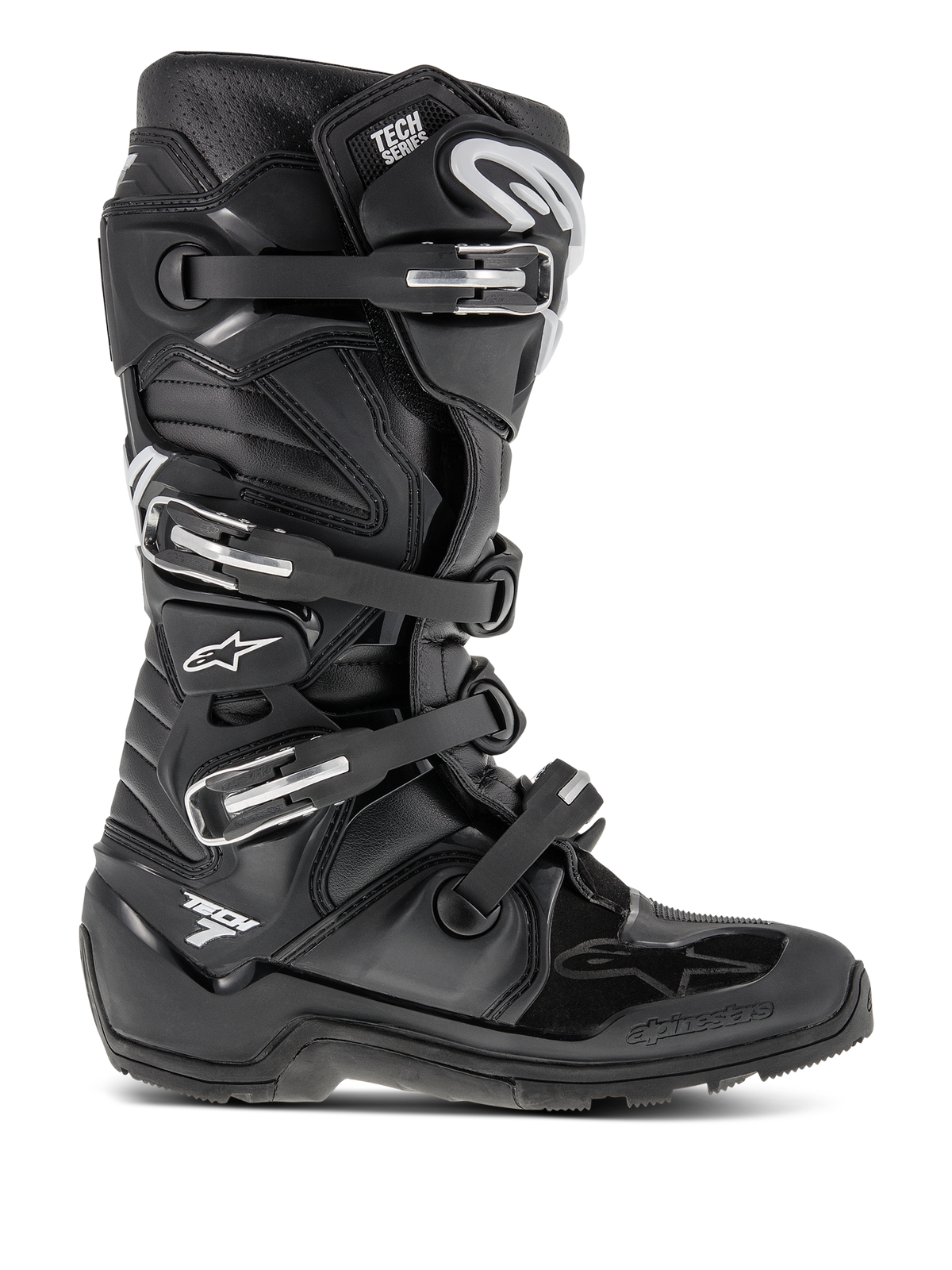 Bottes Alpinestars Tech 7 Enduro, bottes de motocross noires, dotées de quatre boucles réglables et d'un châssis en TPU renforcé, semelle à crampons robuste pour une adhérence tout-terrain, logo étoile blanc et marquage Tech 7, équipement haute performance durable pour l'enduro et le motocross