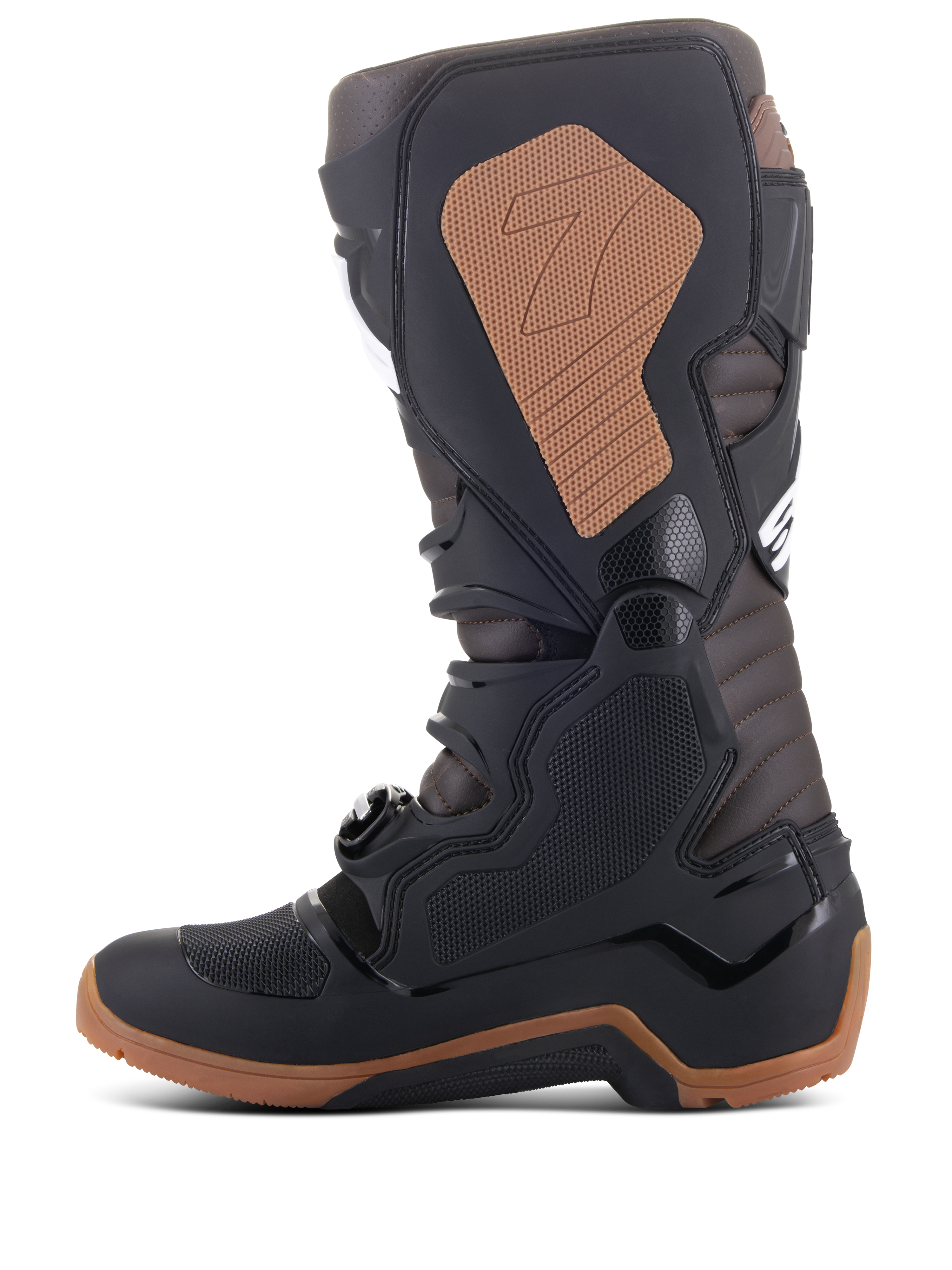 Alpinestars Tech 7 Enduro Boots, Motocross and Off-Road Boots, Black and Dark Brown, side profile showing TPU shin plate, buckle system, tan medial grip panel with logo, and rugged enduro-specific sole for traction.