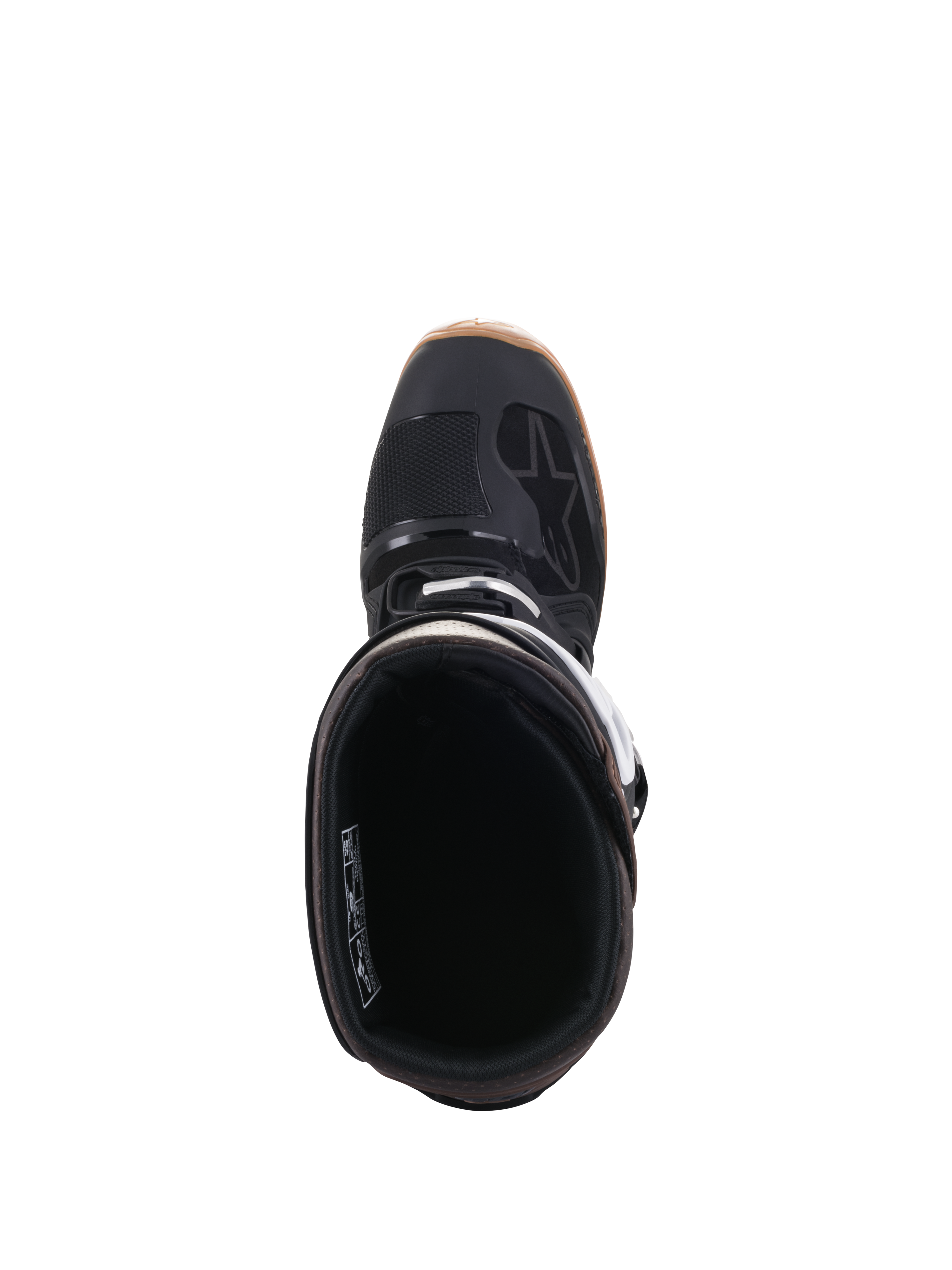 Alpinestars Tech 7 Enduro Boots, Black and Dark Brown, top-down view showing the boot opening and internal lining, featuring white buckle details and Alpinestars logo, professional off-road motorcycle footwear