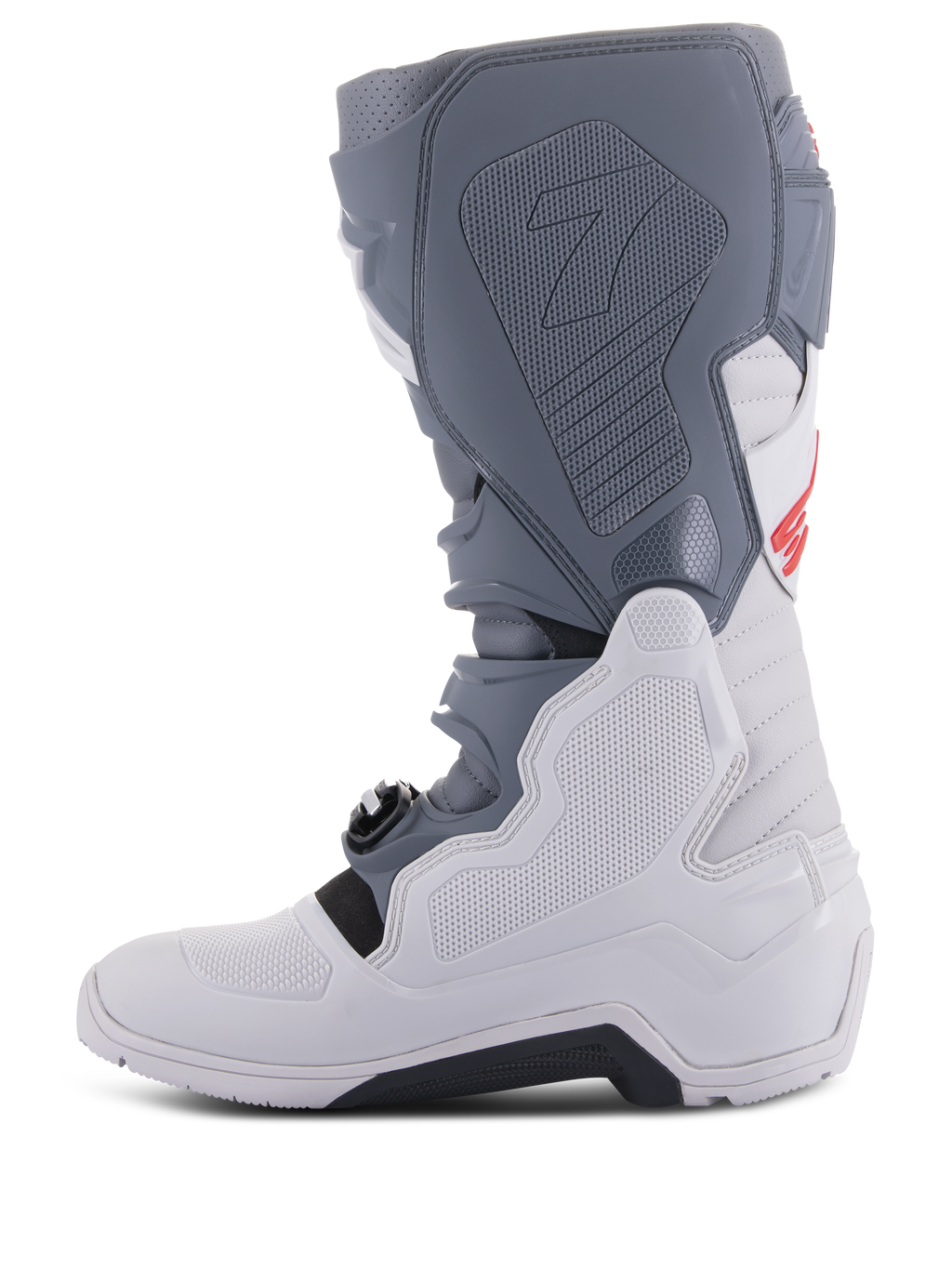 Bottes Alpinestars Tech 7 Enduro, gris clair, gris foncé et rouge vif, vue de profil, avec panneaux de protection en TPU, système de fermeture à boucles innovant et semelle robuste pour les performances tout-terrain