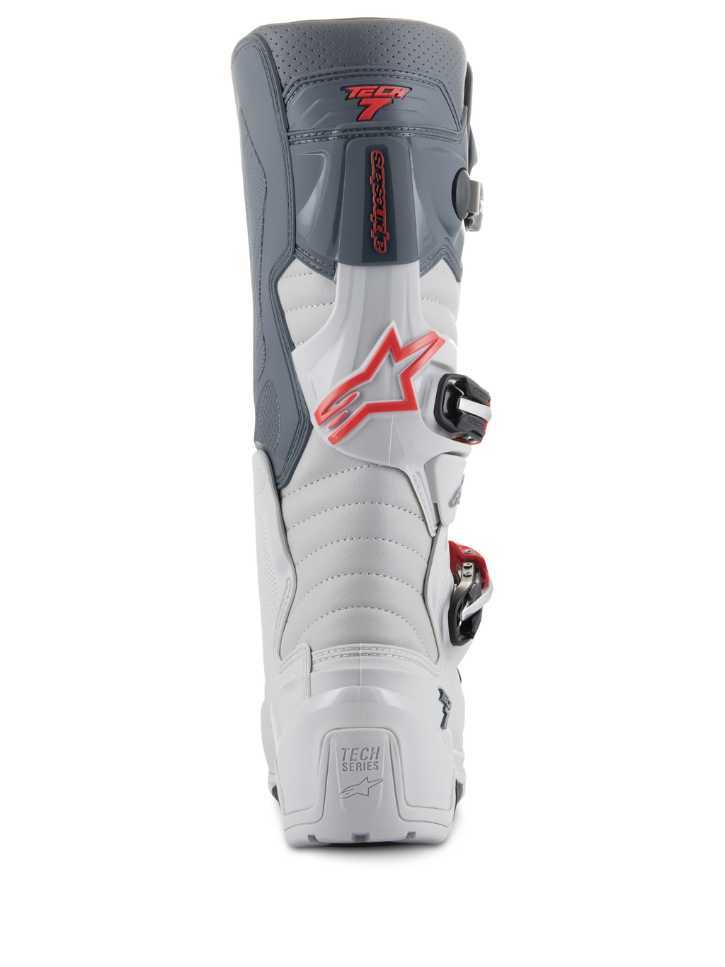 Bottes Alpinestars Tech 7 Enduro, vue arrière, gris clair et gris foncé avec accents rouge vif, dotées d'un talon renforcé avec marquage 'TECH SERIES', logo étoile rouge et système de fermeture à boucles durable.