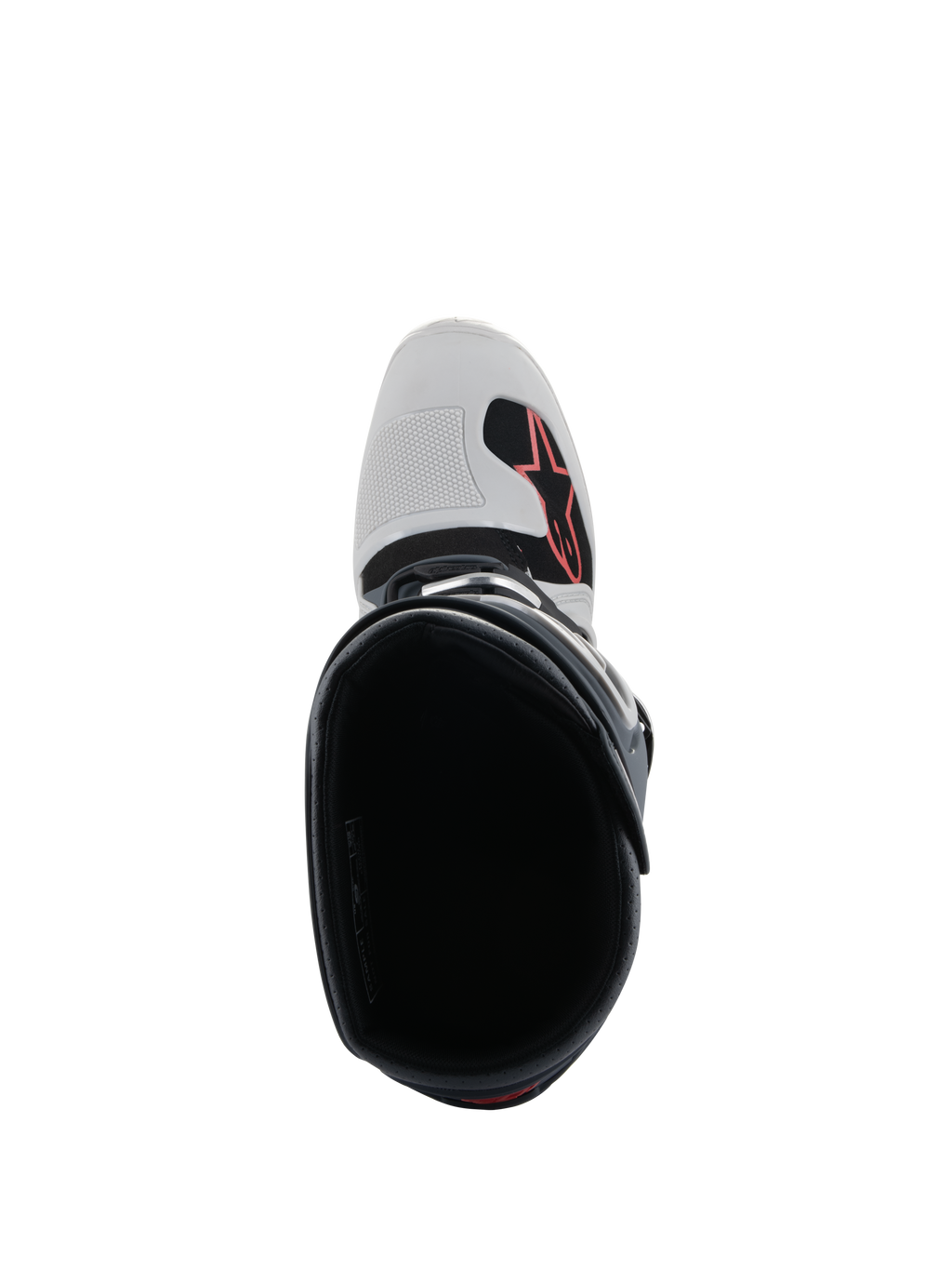 Bottes Alpinestars Tech 7 Enduro, gris clair, gris foncé et rouge vif, vue de dessus montrant l'intérieur de la botte, la pointe avec logo Alpinestars rouge et le renfort de sélecteur texturé, équipement professionnel pour l'enduro et le tout-terrain