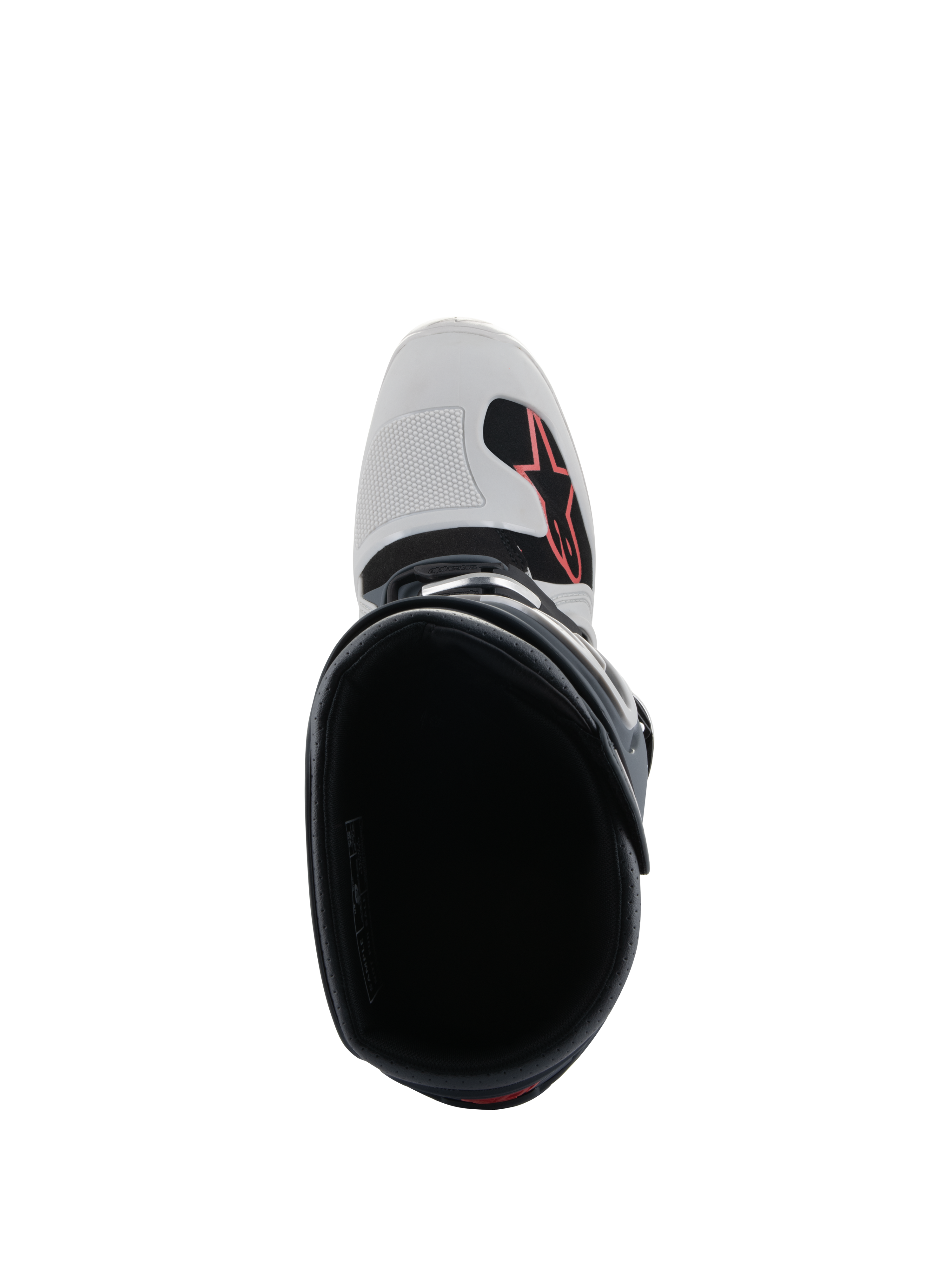Bottes Alpinestars Tech 7 Enduro, gris clair, gris foncé et rouge vif, vue de dessus montrant l'intérieur de la botte, la pointe avec logo Alpinestars rouge et le renfort de sélecteur texturé, équipement professionnel pour l'enduro et le tout-terrain