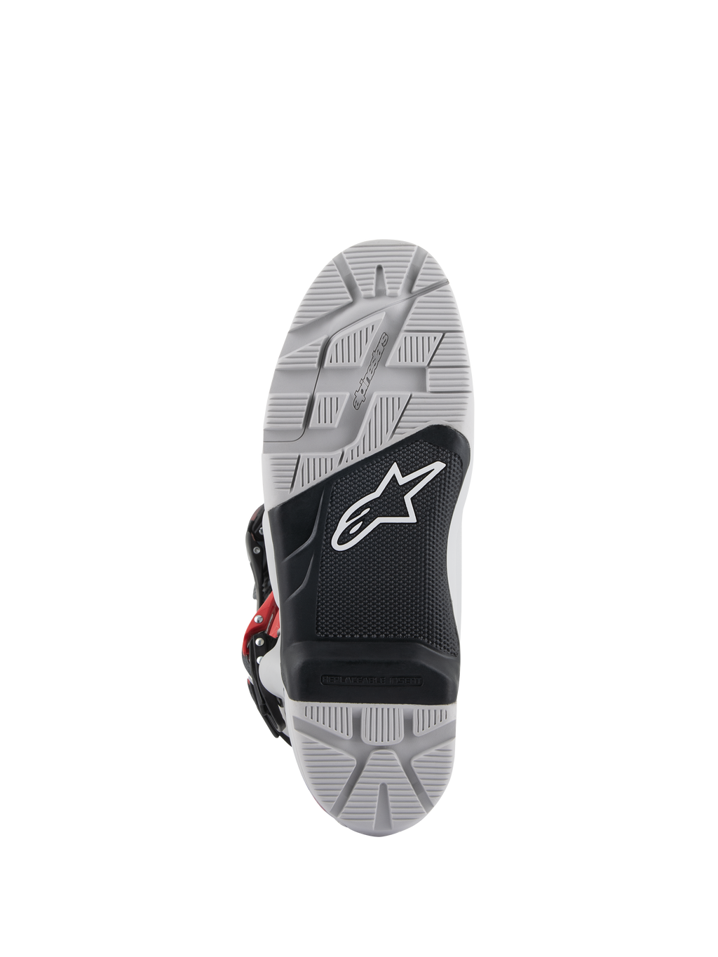 Bottes Alpinestars Tech 7 Enduro, vue de la semelle extérieure, semelle bi-composant grise et noire avec logo étoile blanc, crampons profonds pour une adhérence maximale en tout-terrain, insert de repose-pied remplaçable conçu pour la durabilité en enduro et tout-terrain