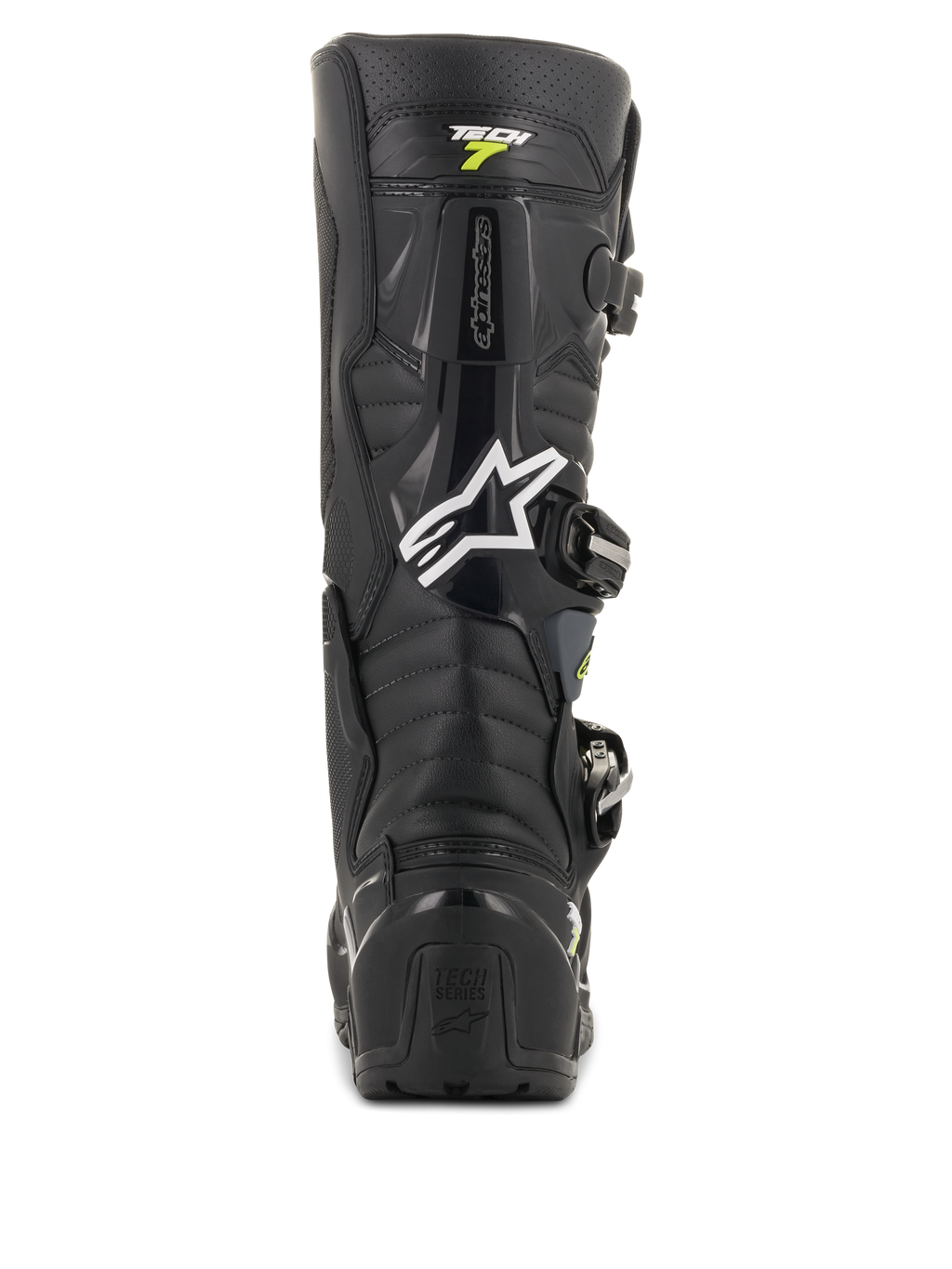 Alpinestars Tech 7 Enduro Drystar Boots, Black and Gray Motocross Boots, rear view featuring the white Alpinestars logo and 'Tech 7' branding, rugged TPU heel protection and reinforced construction for off-road durability