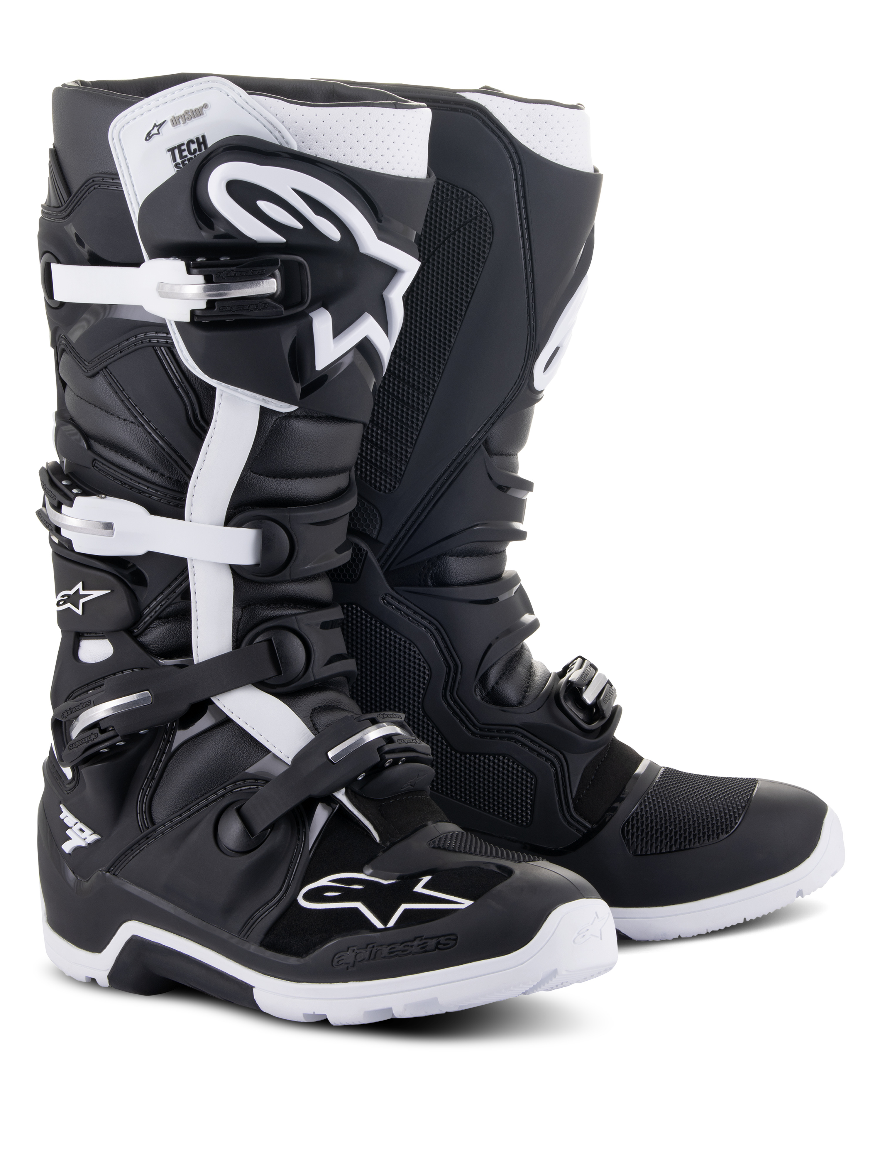 Bottes Alpinestars Tech 7 Enduro Drystar®, bottes de moto tout-terrain, noir et blanc, dotées d'une membrane imperméable, d'un système de fermeture à boucles multiples et d'une semelle robuste spécifique à l'enduro pour des performances tout-terrain