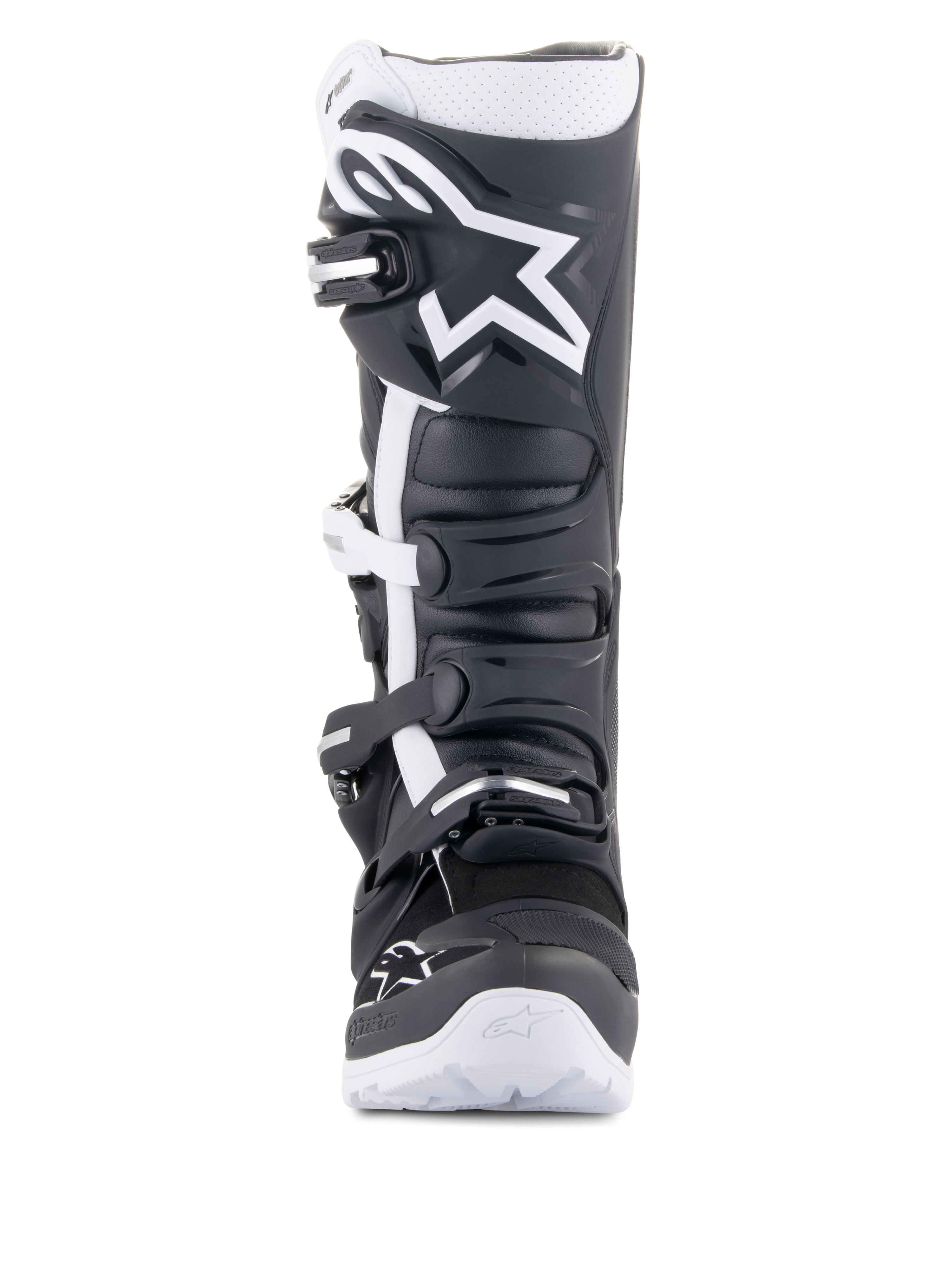 Bottes Alpinestars Tech 7 Enduro Drystar®, bottes de moto enduro, noir et blanc, dotées d'un grand logo Alpinestars blanc sur la plaque tibiale, un système de fermeture à quatre boucles et une semelle blanche robuste, conçues pour la performance tout-terrain