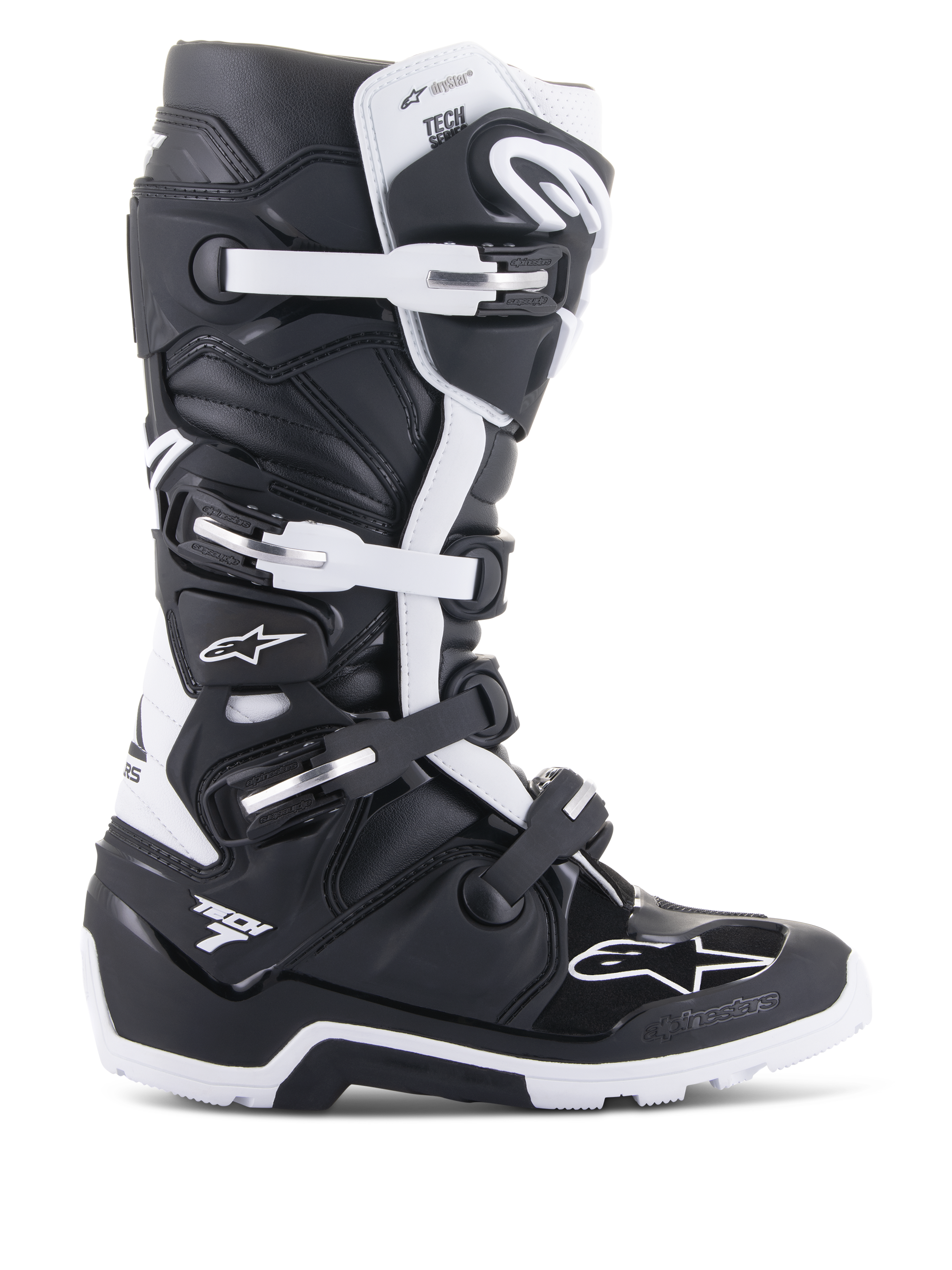 Alpinestars Tech 7 Enduro Drystar Boots, Enduro and Off-Road Motorcycle Boots, Black and White, four-buckle closure system, waterproof Drystar membrane branding, rugged sole for off-road grip, durable TPU protection panels with Alpinestars logos
