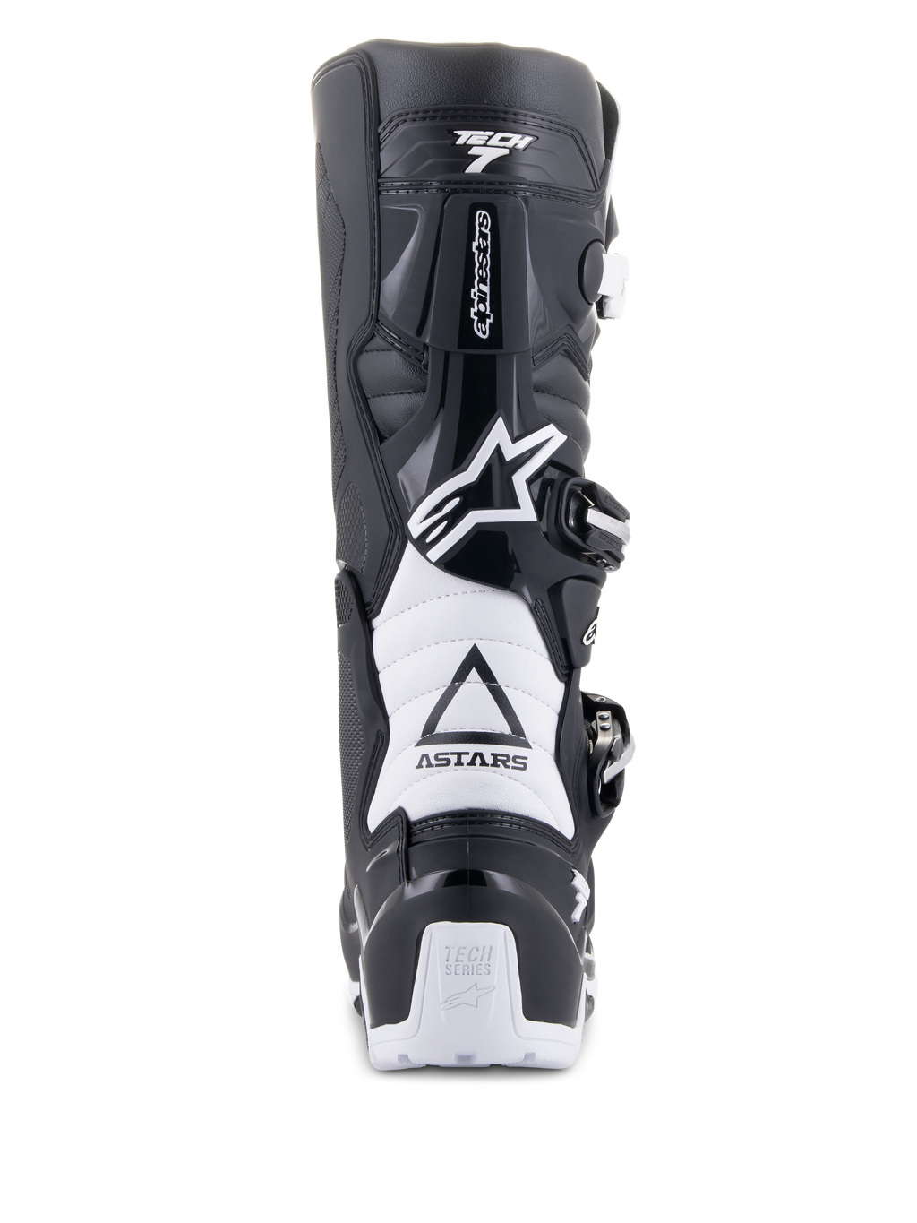 Bottes Alpinestars Tech 7 Enduro Drystar, noir et blanc, vue arrière présentant la structure de protection en TPU, les zones de flexion en accordéon blanches et le système de fermeture à boucles, avec logos Alpinestars sur le talon et la partie supérieure