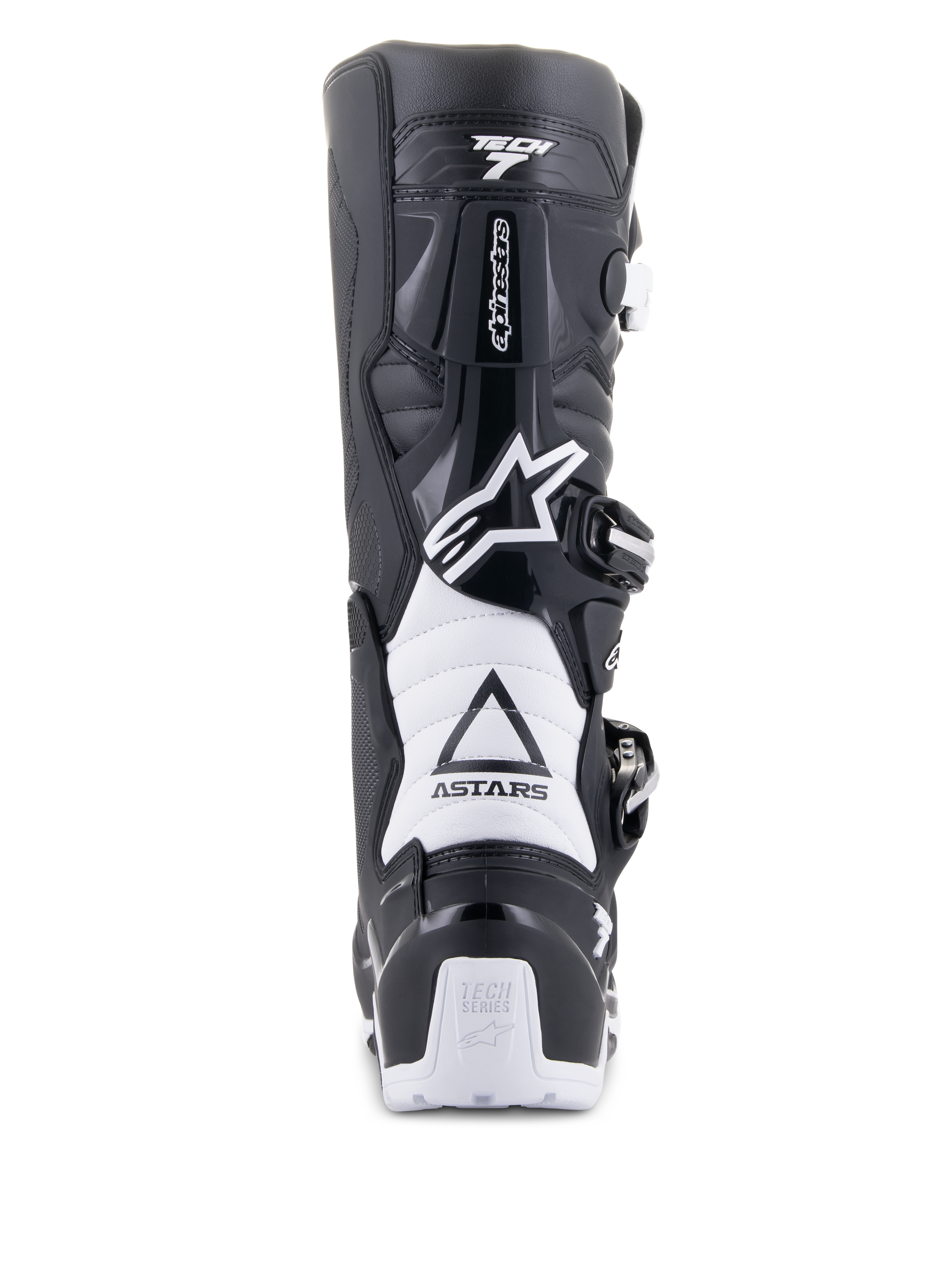 Bottes Alpinestars Tech 7 Enduro Drystar, noir et blanc, vue arrière présentant la structure de protection en TPU, les zones de flexion en accordéon blanches et le système de fermeture à boucles, avec logos Alpinestars sur le talon et la partie supérieure