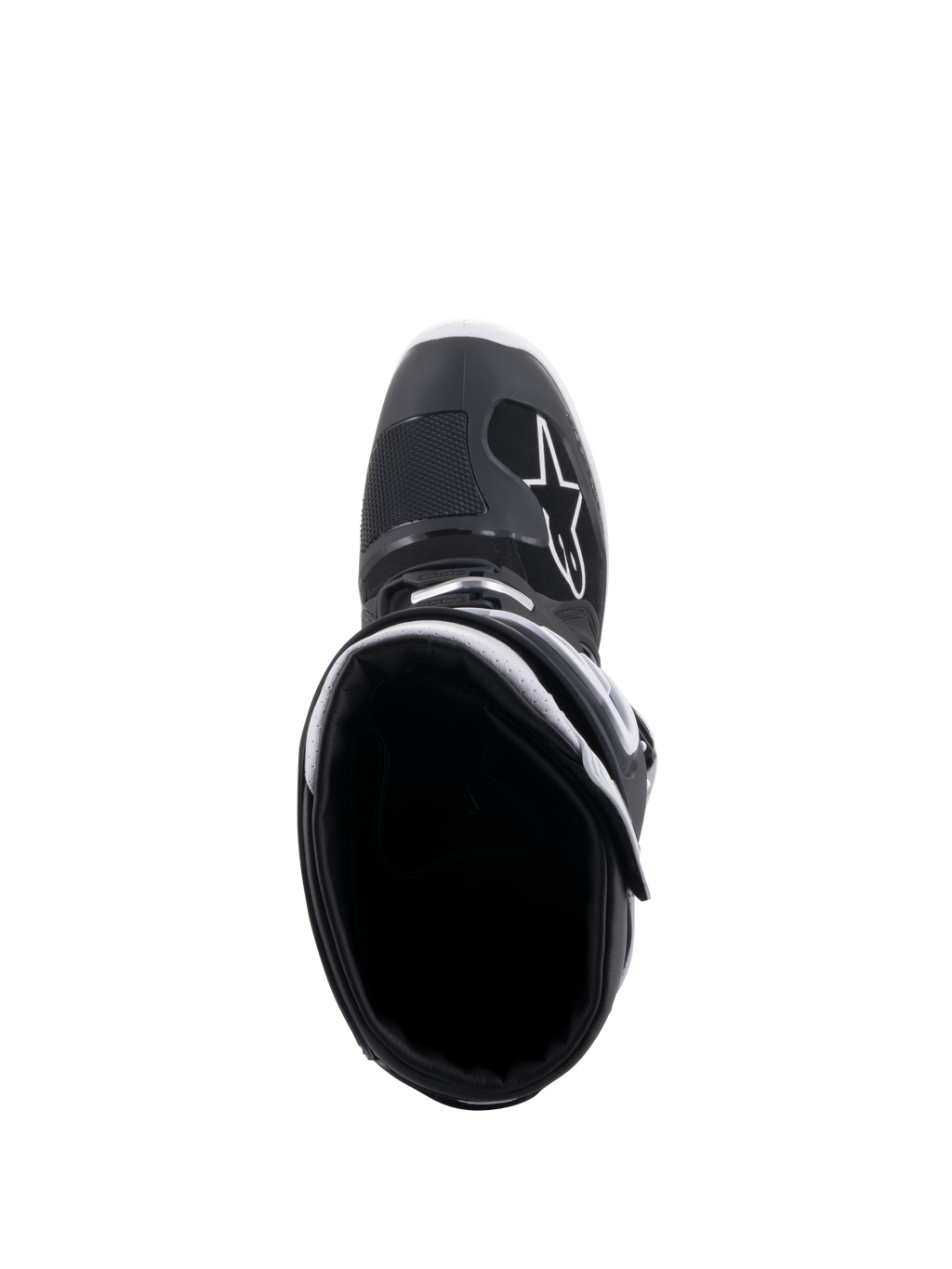 Bottes Alpinestars Tech 7 Enduro Drystar®, noir et blanc, vue de dessus de l'ouverture de la botte, logo A-star blanc sur la pointe, doublure de col blanche, conception imperméable haute performance pour la pratique de l'enduro