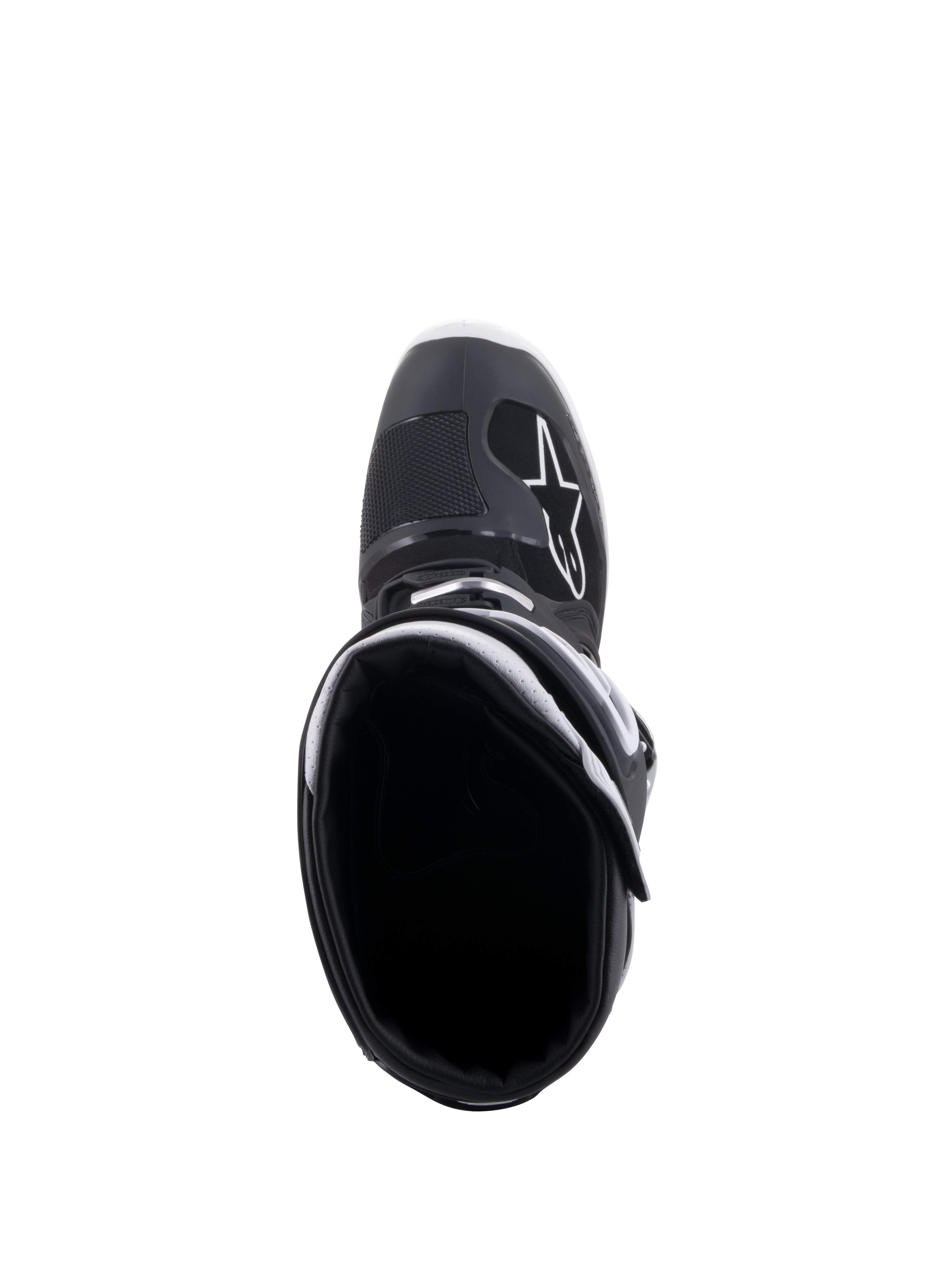 Bottes Alpinestars Tech 7 Enduro Drystar®, noir et blanc, vue de dessus de l'ouverture de la botte, logo A-star blanc sur la pointe, doublure de col blanche, conception imperméable haute performance pour la pratique de l'enduro