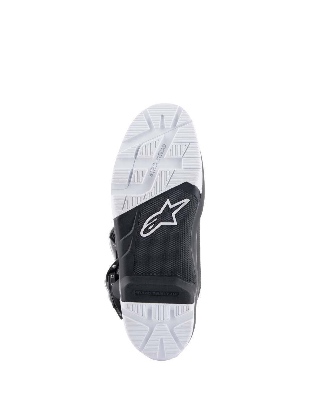 Bottes Alpinestars Tech 7 Enduro Drystar®, vue détaillée de la semelle, composé de caoutchouc double densité noir et blanc à haute adhérence, avec logo Alpinestars et insert de repose-pied remplaçable, conçue pour une traction tout-terrain et enduro