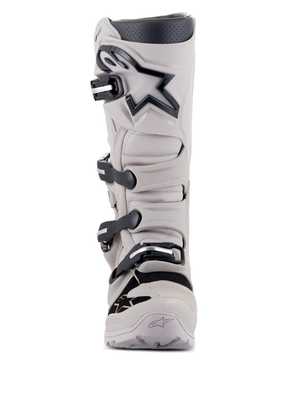 Bottes Alpinestars Tech 7 Enduro Drystar®, bottes de moto enduro et tout-terrain, gris sable, gris clair avec accents et logo noirs, système de fermeture à quatre boucles, plaque de tibia renforcée, design robuste pour une performance par tous les temps