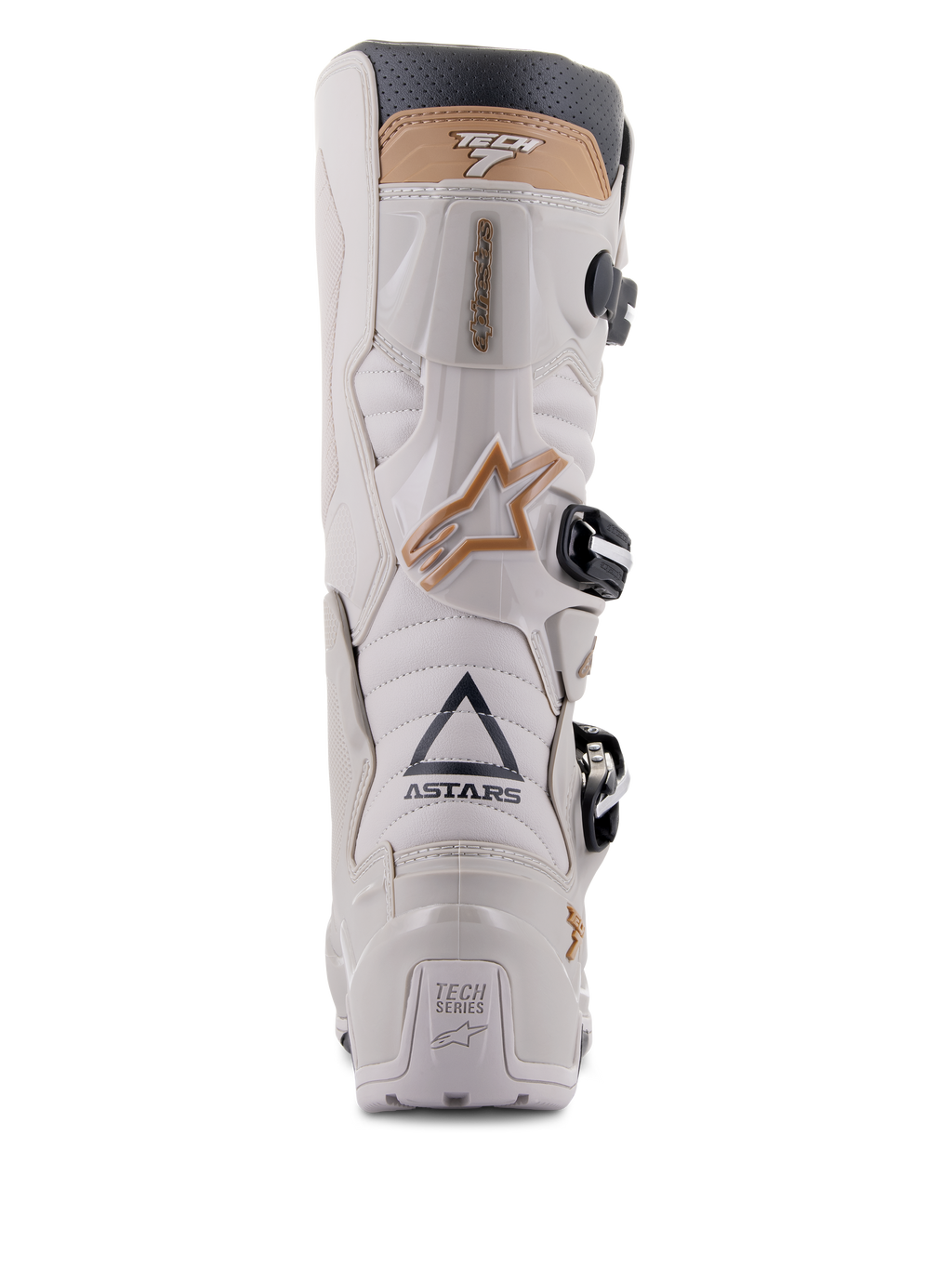Bottes Alpinestars Tech 7 Enduro Drystar®, Gris Sable, vue arrière mettant en évidence le marquage ASTARS et la plaque de talon TECH SERIES, châssis en TPU gris clair avec des accents beige et des boucles noires, conçues pour la pratique de l'enduro