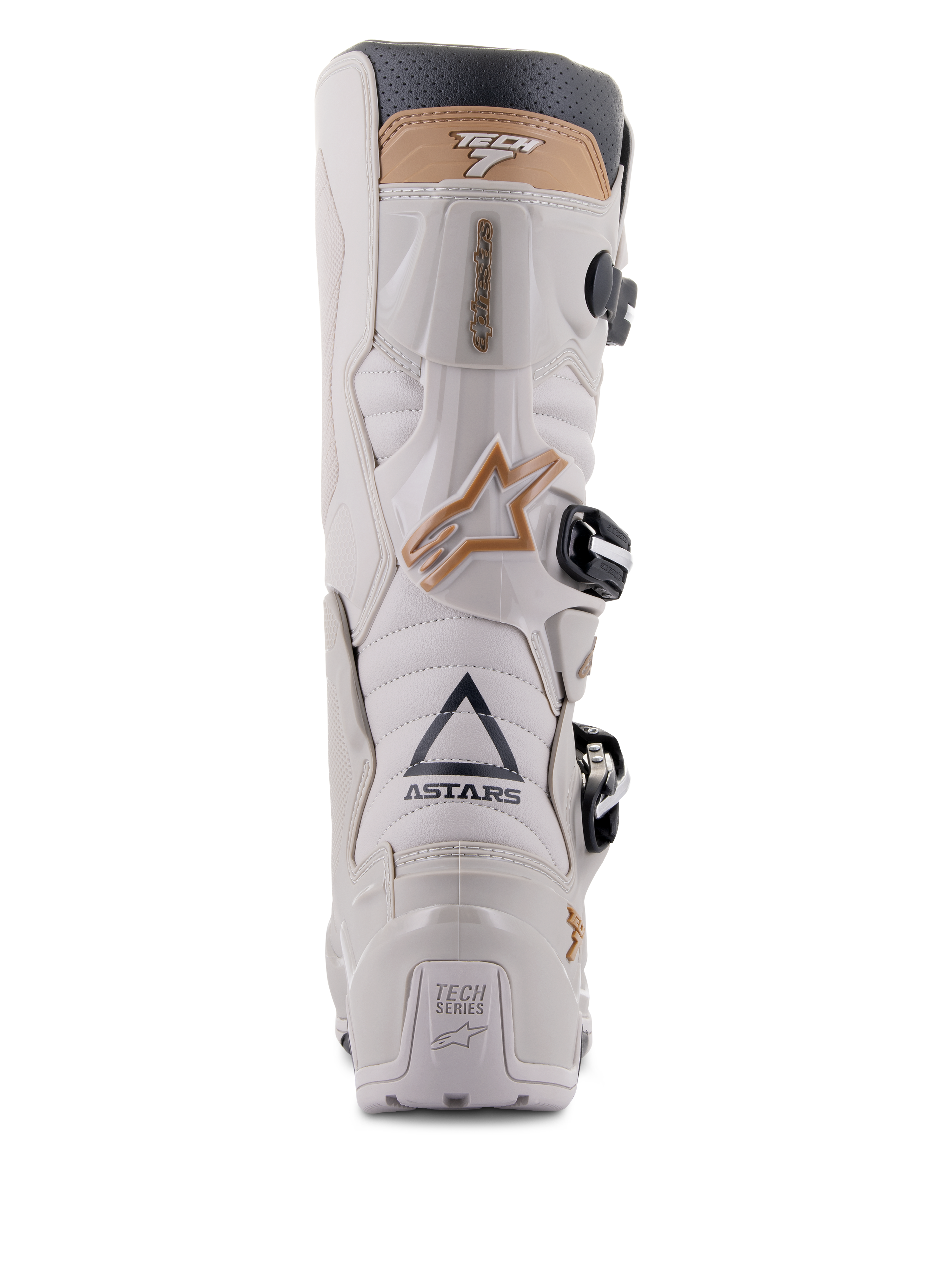 Bottes Alpinestars Tech 7 Enduro Drystar®, Gris Sable, vue arrière mettant en évidence le marquage ASTARS et la plaque de talon TECH SERIES, châssis en TPU gris clair avec des accents beige et des boucles noires, conçues pour la pratique de l'enduro