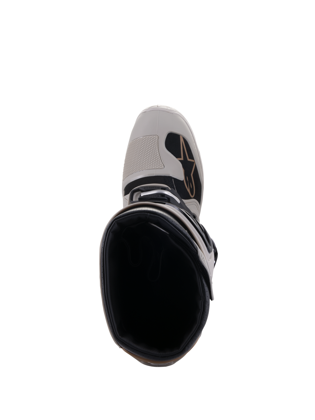 Bottes Alpinestars Tech 7 Enduro Drystar®, Gris Sable, vue de dessus de l'ouverture de la botte et de la pointe renforcée, avec détails noirs et logo Alpinestars, chaussures de moto tout-terrain imperméables