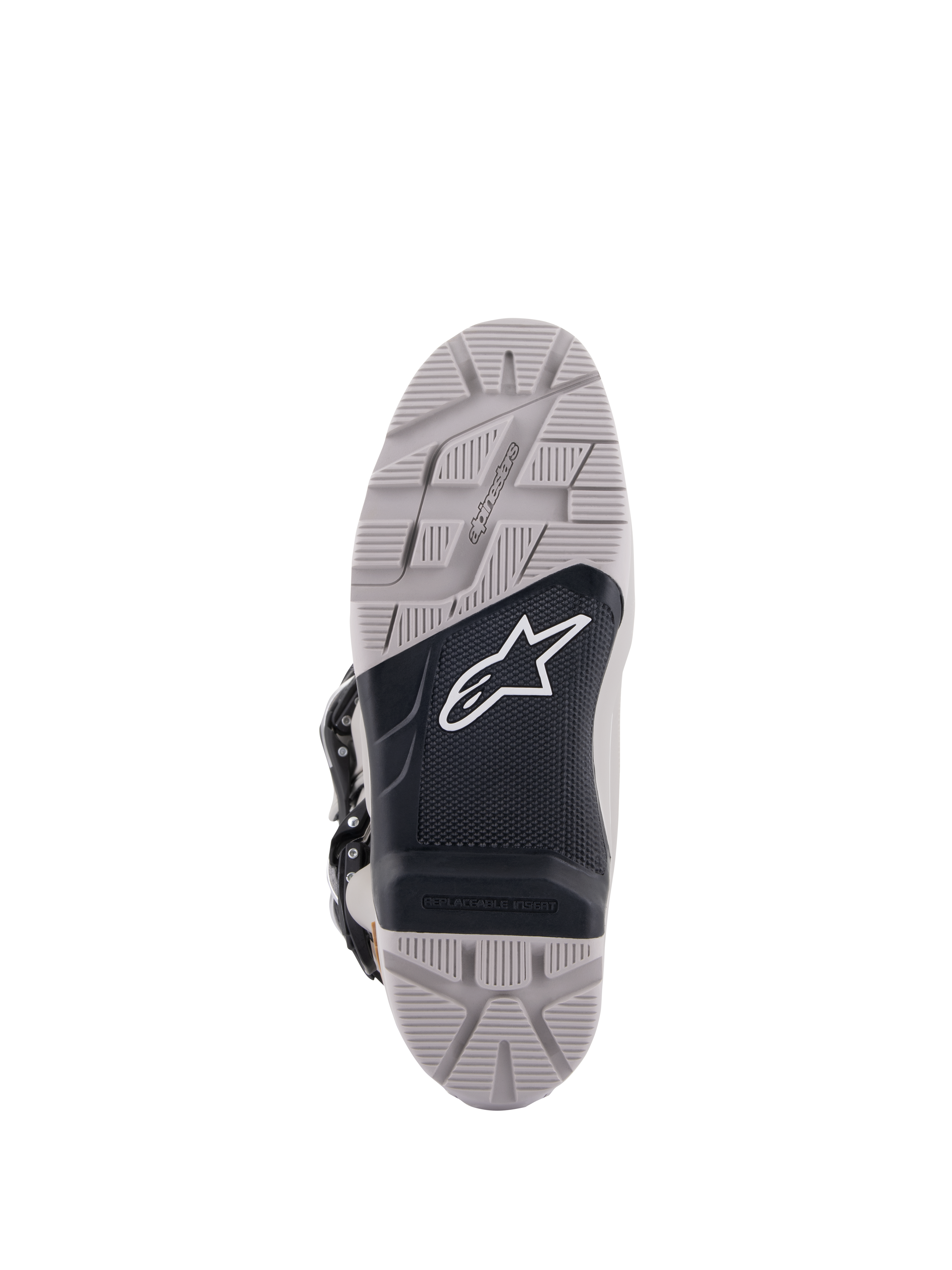 Bottes Alpinestars Tech 7 Enduro Drystar®, vue de la semelle, gris et noir, motif de semelle à haute adhérence avec un panneau central noir texturé, logo Astar blanc, dotées d'un insert remplaçable pour la durabilité et l'adhérence en pilotage enduro
