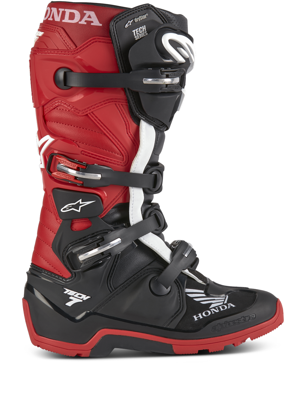 Bottes Honda Tech 7 Enduro Drystar®, bottes de moto enduro, noir et rouge vif avec accents blancs, dotées de multiples boucles réglables, semelle robuste pour une adhérence tout-terrain, technologie imperméable Drystar® et marquages Honda et Tech 7 distinctifs