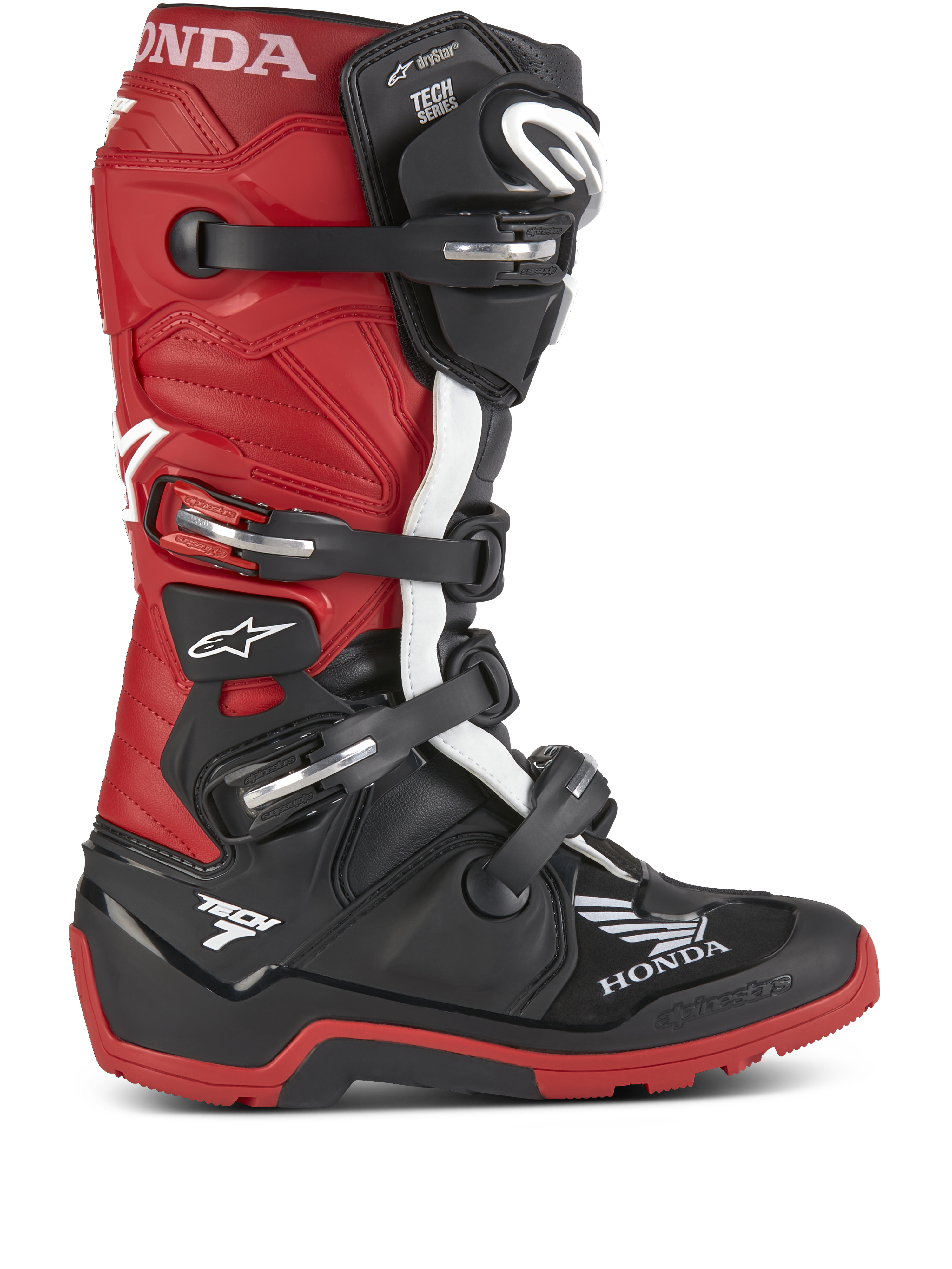 Bottes Honda Tech 7 Enduro Drystar®, bottes de moto enduro, noir et rouge vif avec accents blancs, dotées de multiples boucles réglables, semelle robuste pour une adhérence tout-terrain, technologie imperméable Drystar® et marquages Honda et Tech 7 distinctifs