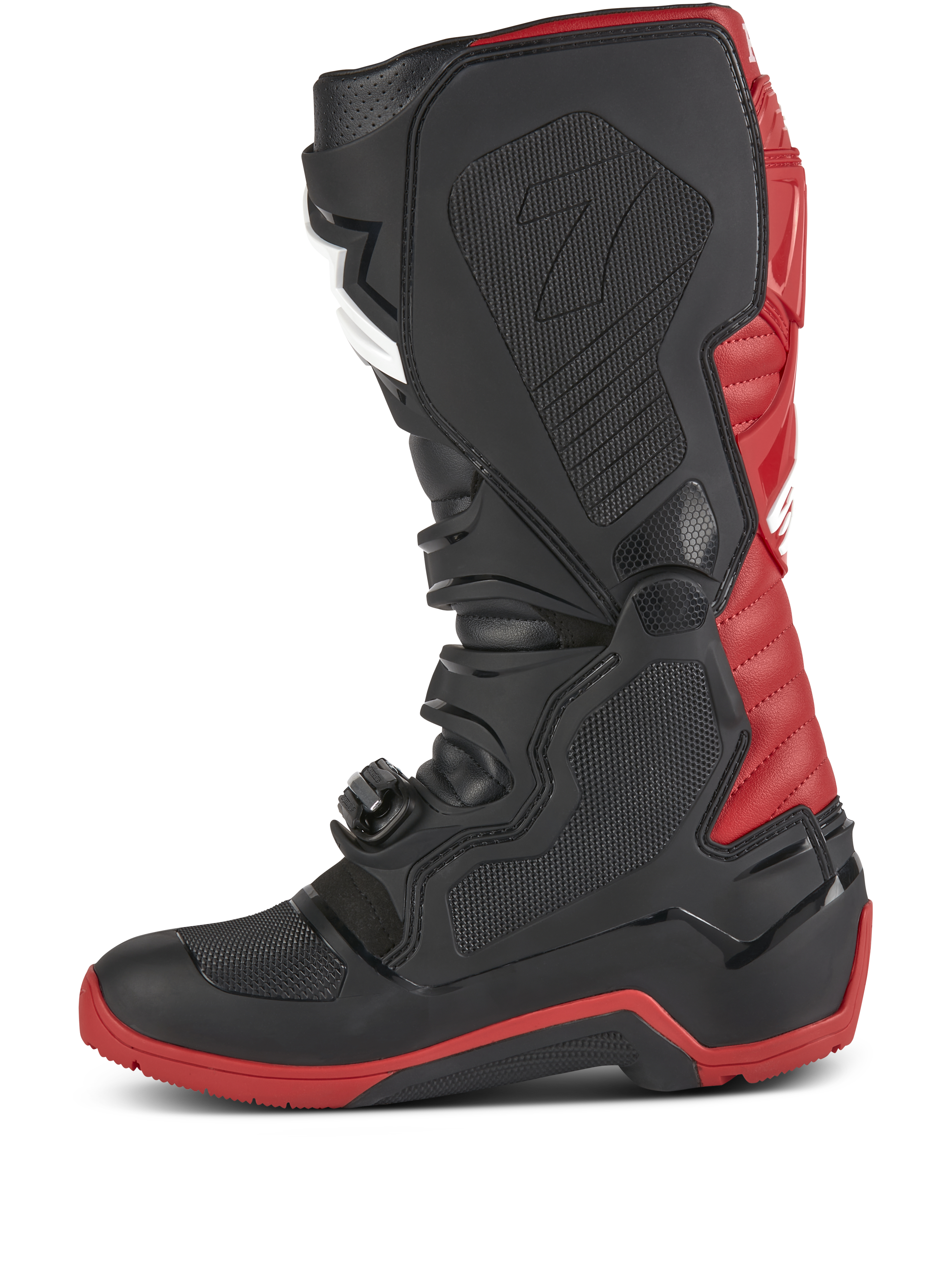 Bottes Alpinestars Honda Tech 7 Enduro Drystar®, bottes de motocross et d'enduro, noir et rouge vif, vue de profil avec boucles robustes, plaques de protection en TPU et semelle renforcée rouge