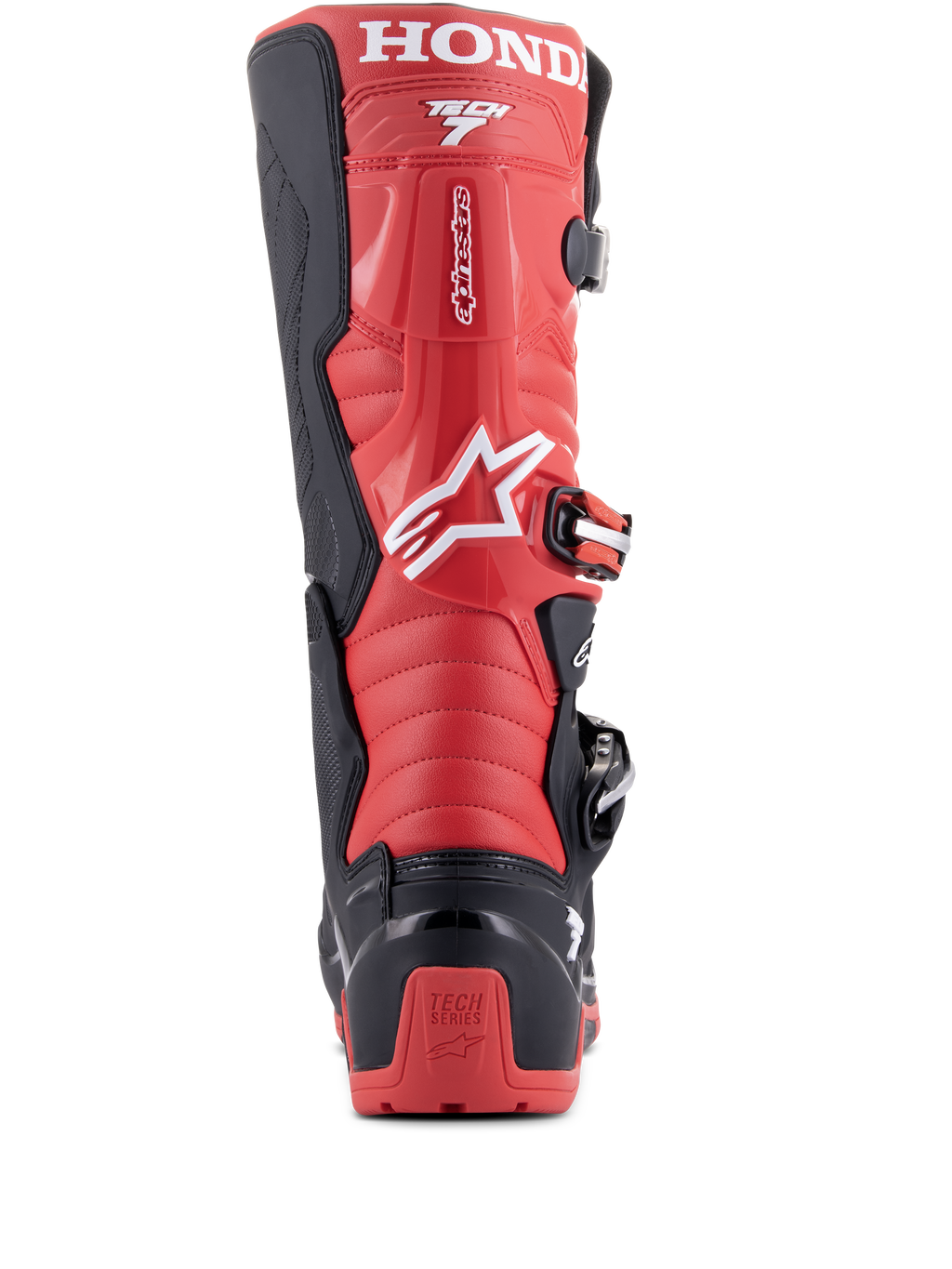 Bottes Alpinestars Honda Tech 7 Enduro Drystar®, noir et rouge vif, vue arrière présentant le marquage HONDA sur le haut du mollet, une protection de talon en TPU avec logo Tech Series et un système de fermeture à boucles sécurisé.